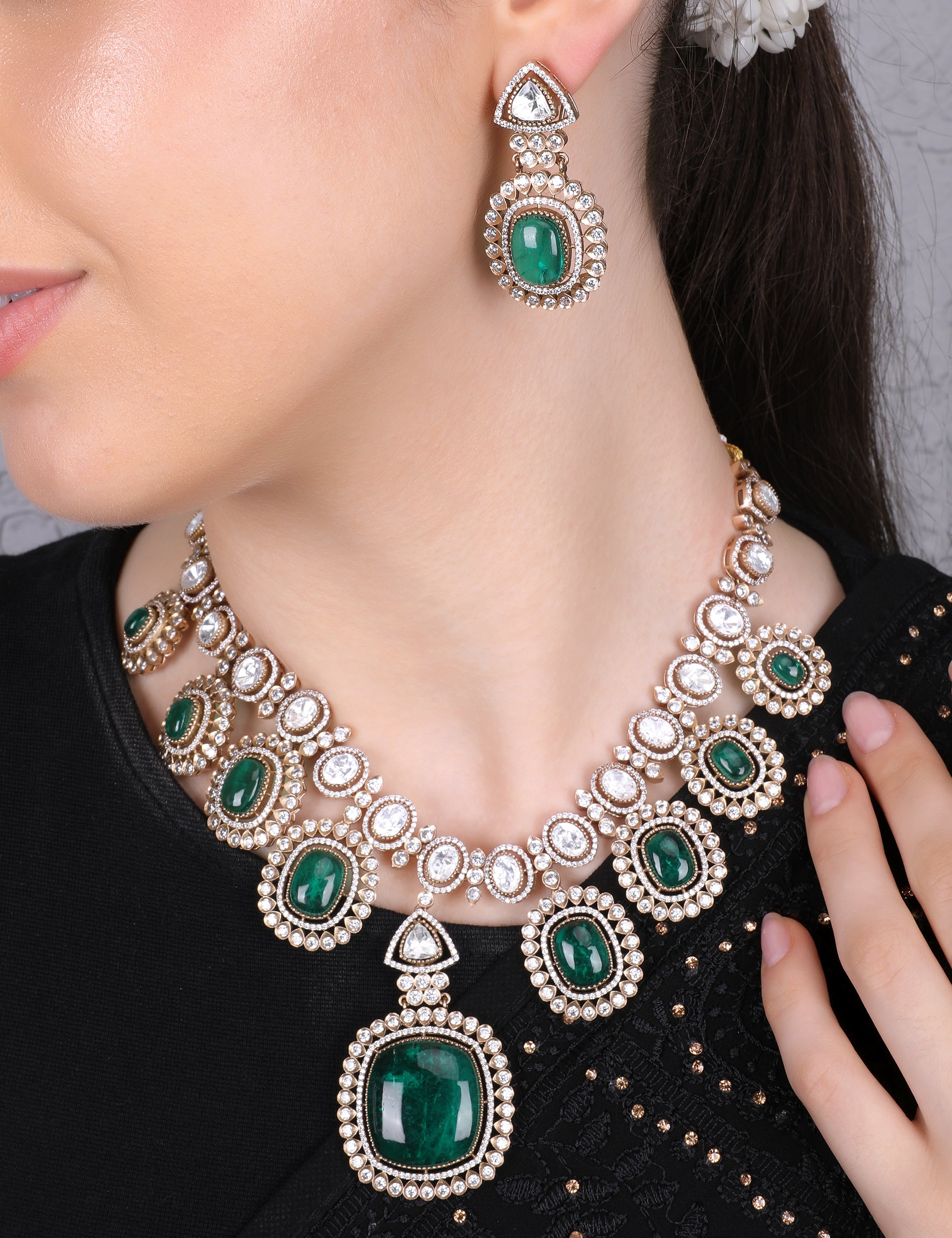 Celina Gold-Plated Kundan Necklace Set with Green Stones - QUEENS JEWELS