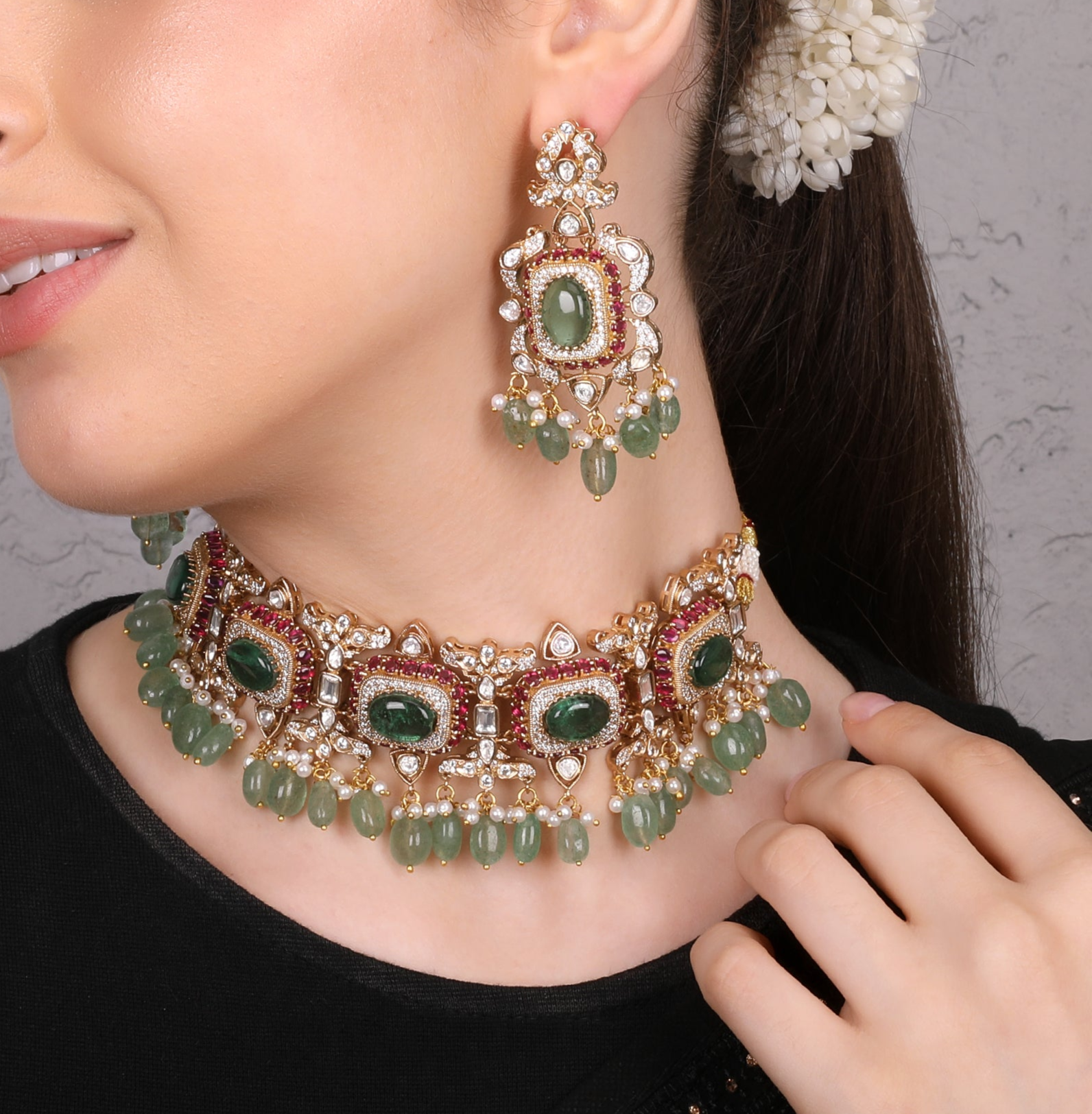 Noor Kundan Choker Set - Multicolor with gread beads - QUEENS JEWELS