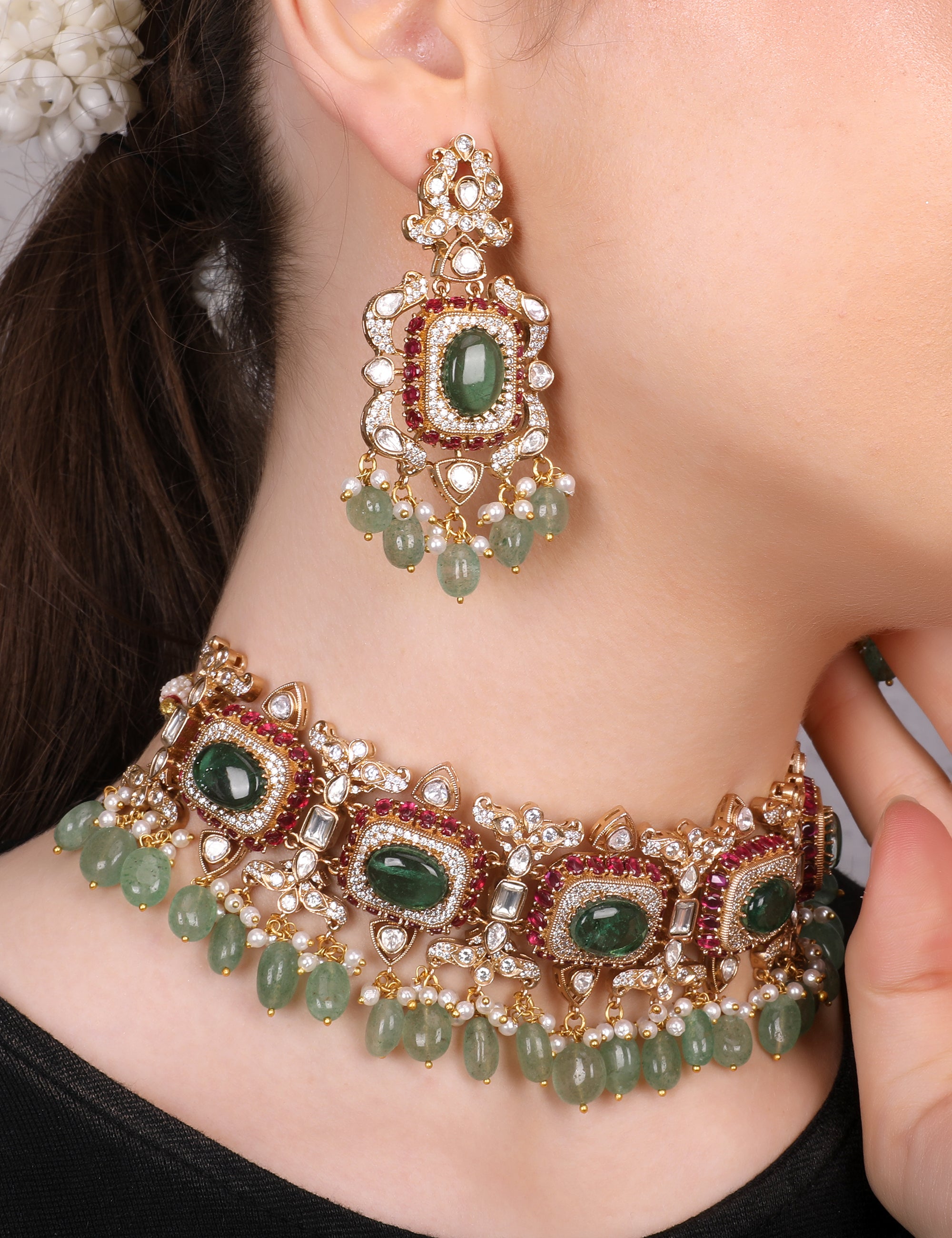 Noor Kundan Choker Set - Multicolor with gread beads - QUEENS JEWELS