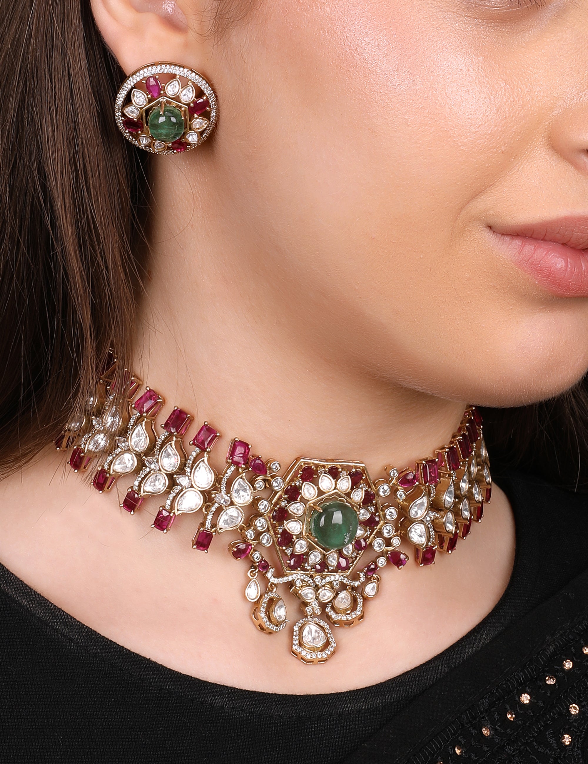 Regal Ruby & Emerald Kundan Choker Set - QUEENS JEWELS