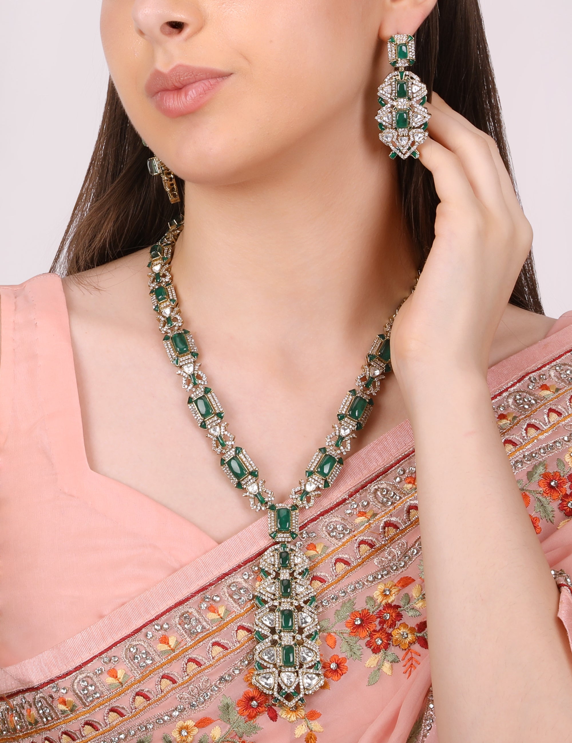 Jasmine Emerald Royalty Exquisite Green Kundan Indo Western Necklace Set - QUEENS JEWELS