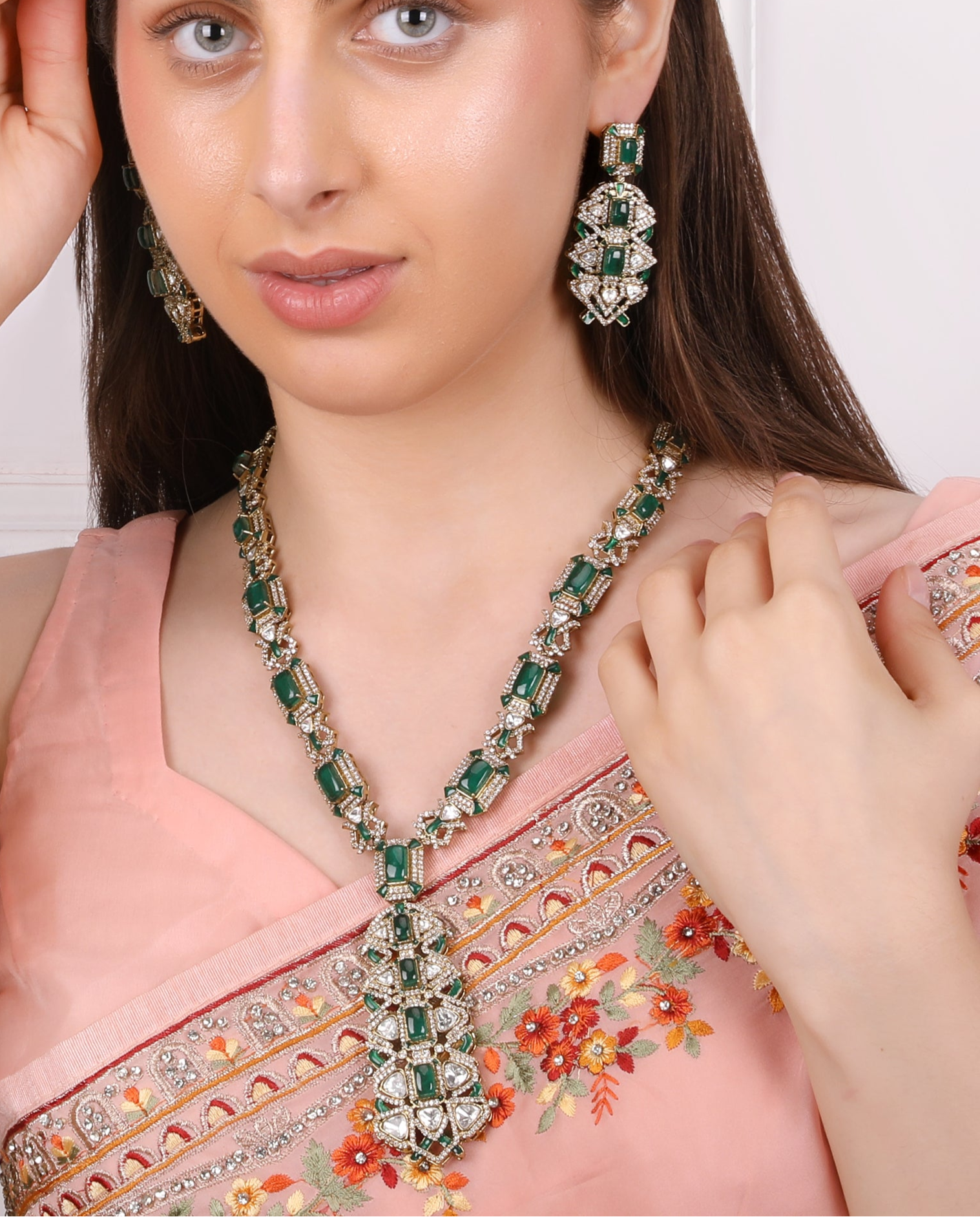 Jasmine Emerald Royalty Exquisite Green Kundan Indo Western Necklace Set - QUEENS JEWELS