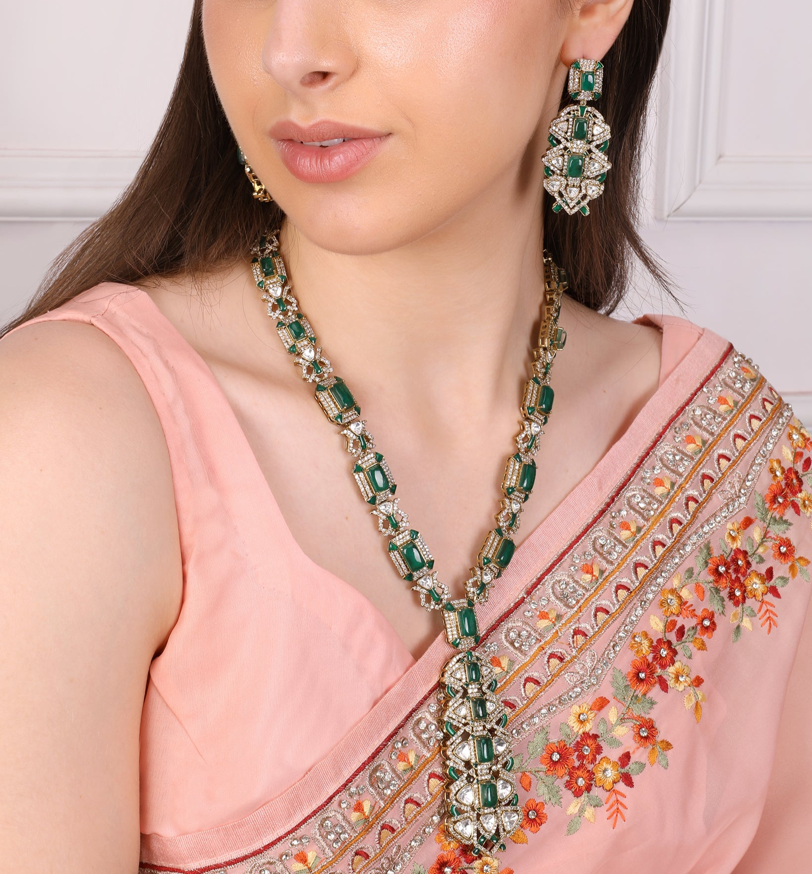 Jasmine Emerald Royalty Exquisite Green Kundan Indo Western Necklace Set - QUEENS JEWELS