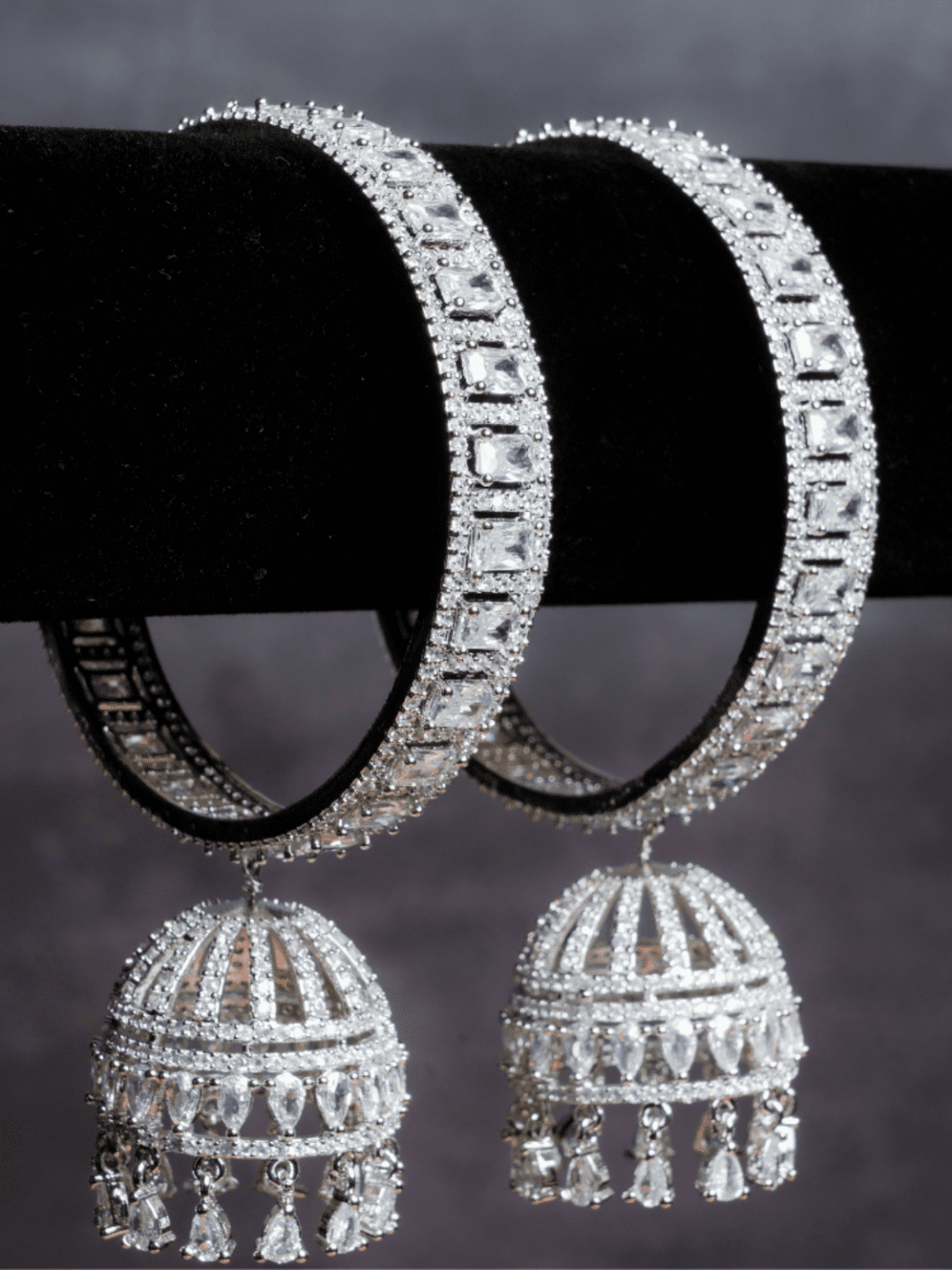 American Diamond  Silver Bangle With Jhumka Hanging Pair - QUEENS JEWELS