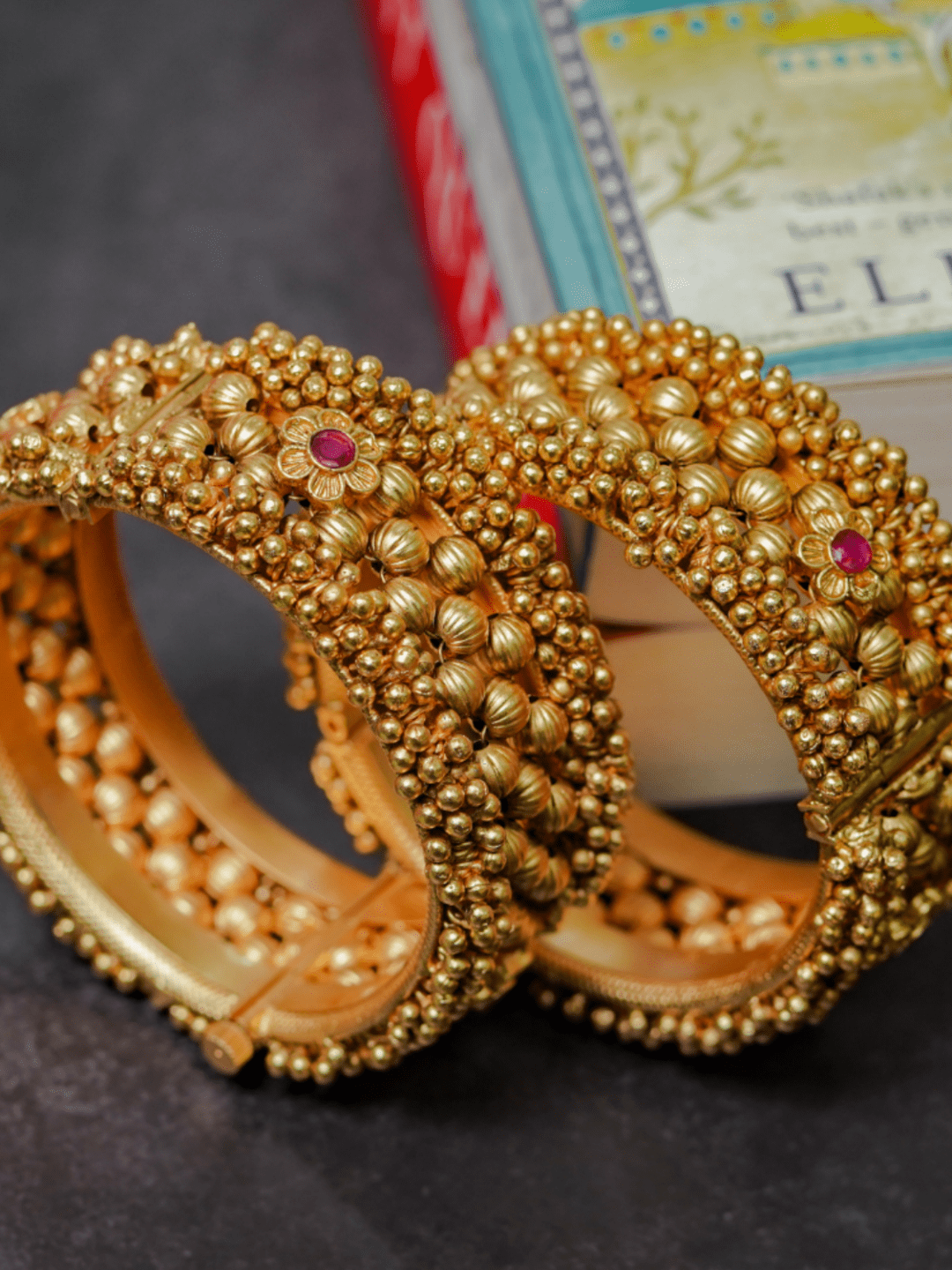 Gold & Red Temple Openable Kada Pair - QUEENS JEWELS