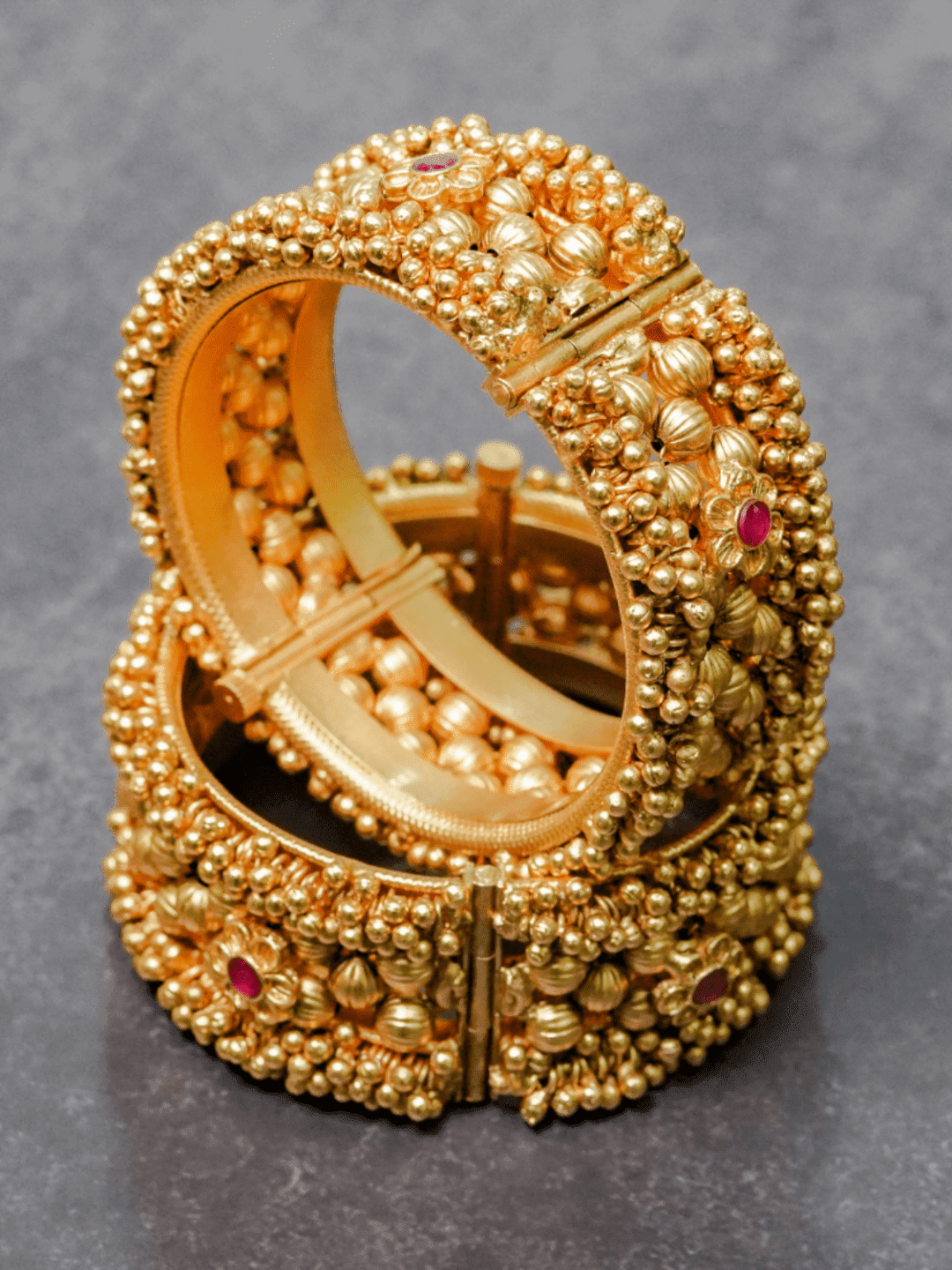 Gold & Red Temple Openable Kada Pair - QUEENS JEWELS