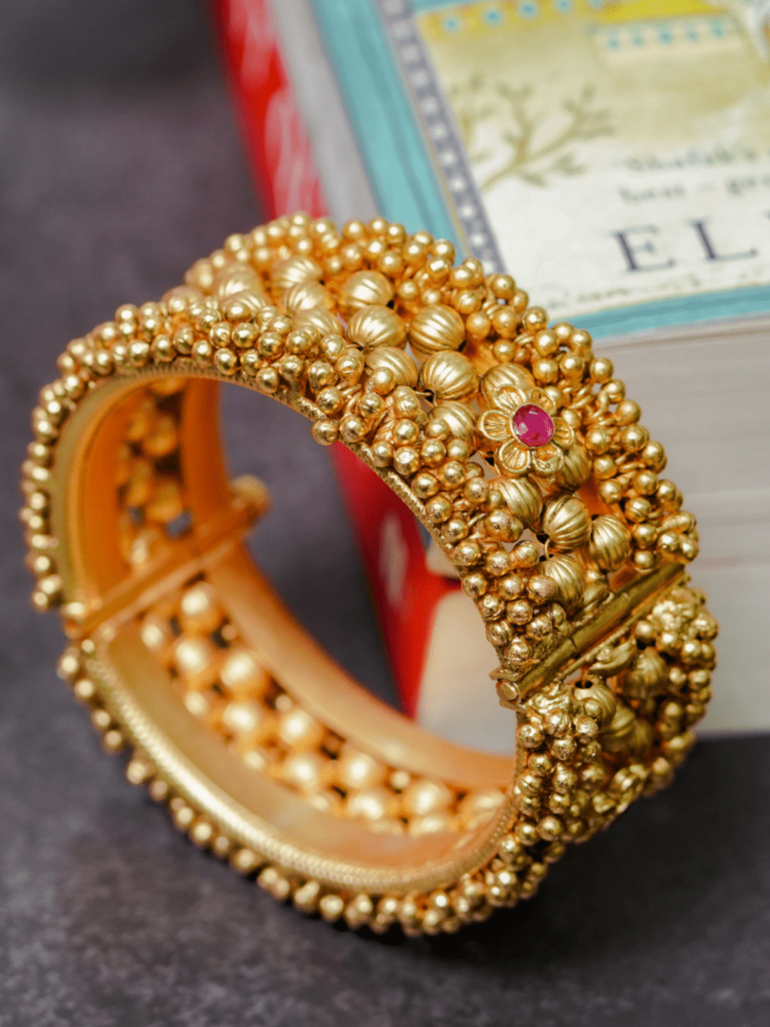 Gold & Red Temple Openable Kada Pair - QUEENS JEWELS