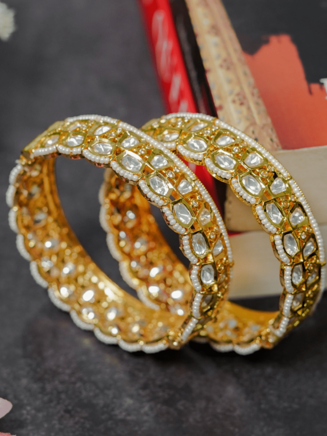 Ara Gold Plated Openable Pearl and Kundan Bangle Pair - QUEENS JEWELS