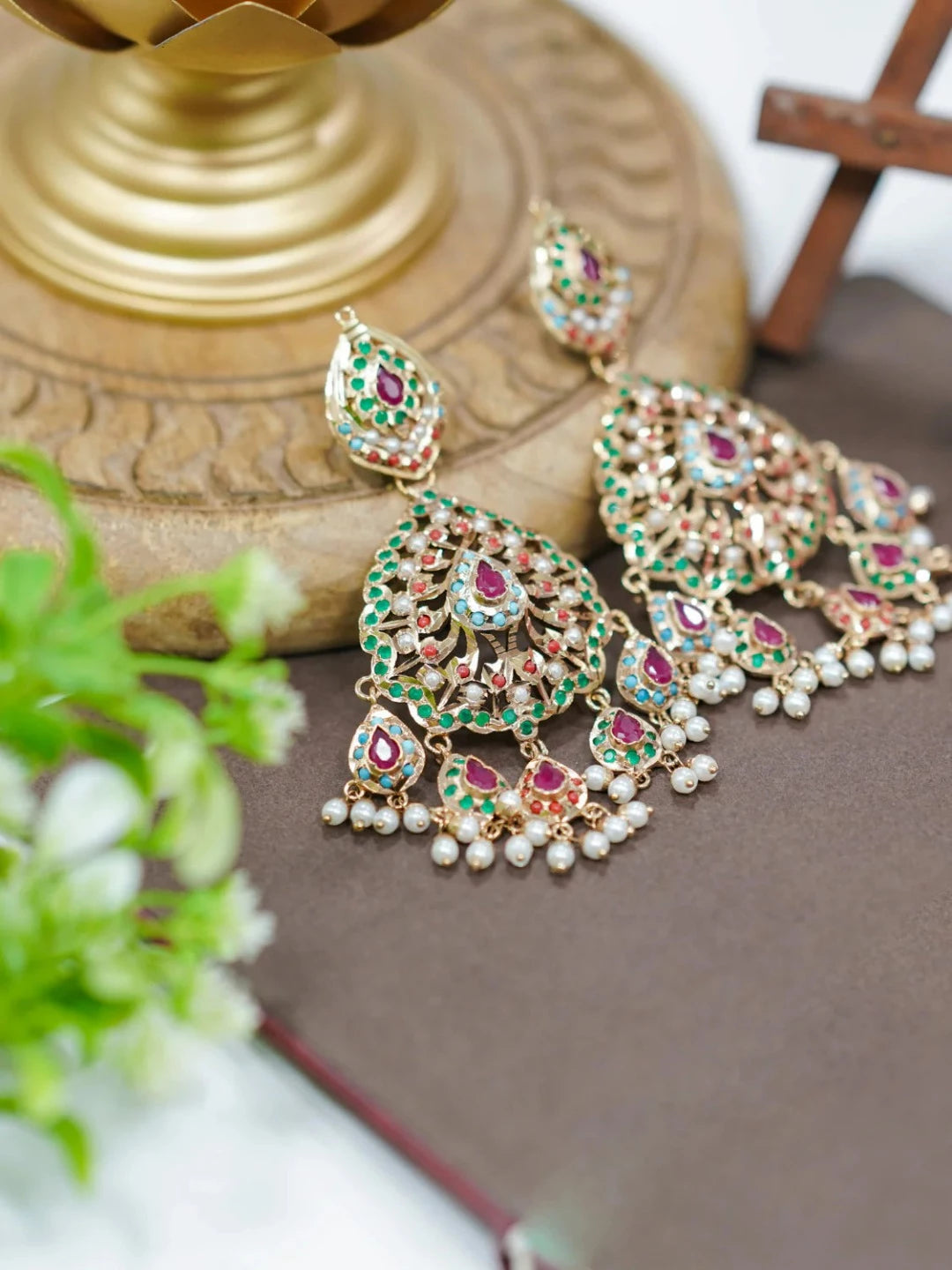 Aura Jadau Chaandbali Earrings - Navratan - QUEENS JEWELS