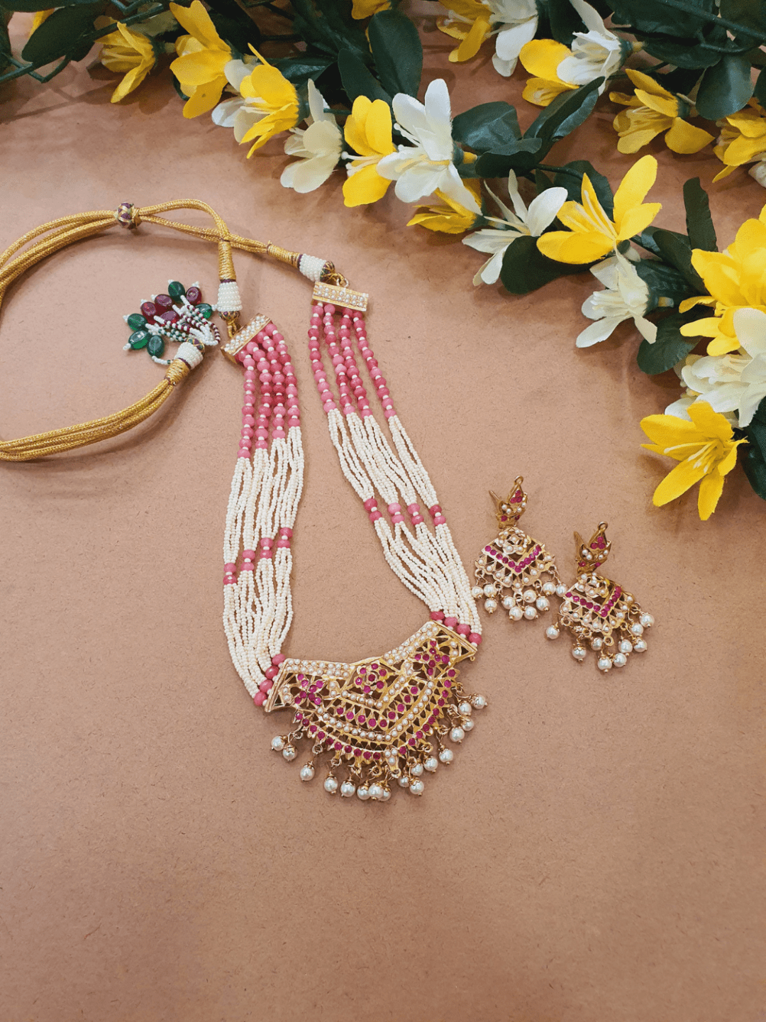 Jadau Tanmaniya Necklace with Earrings (Set) - QUEENS JEWELS