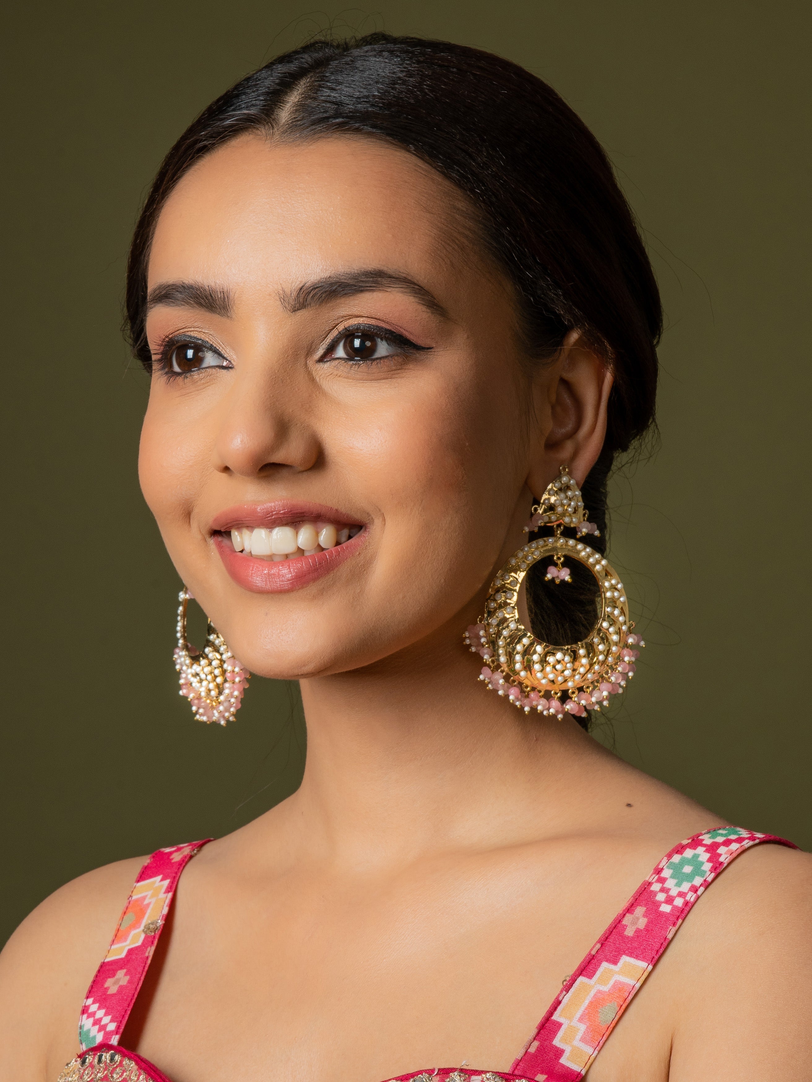 Rose Pink Jadau Chaandbali Earrings - QUEENS JEWELS