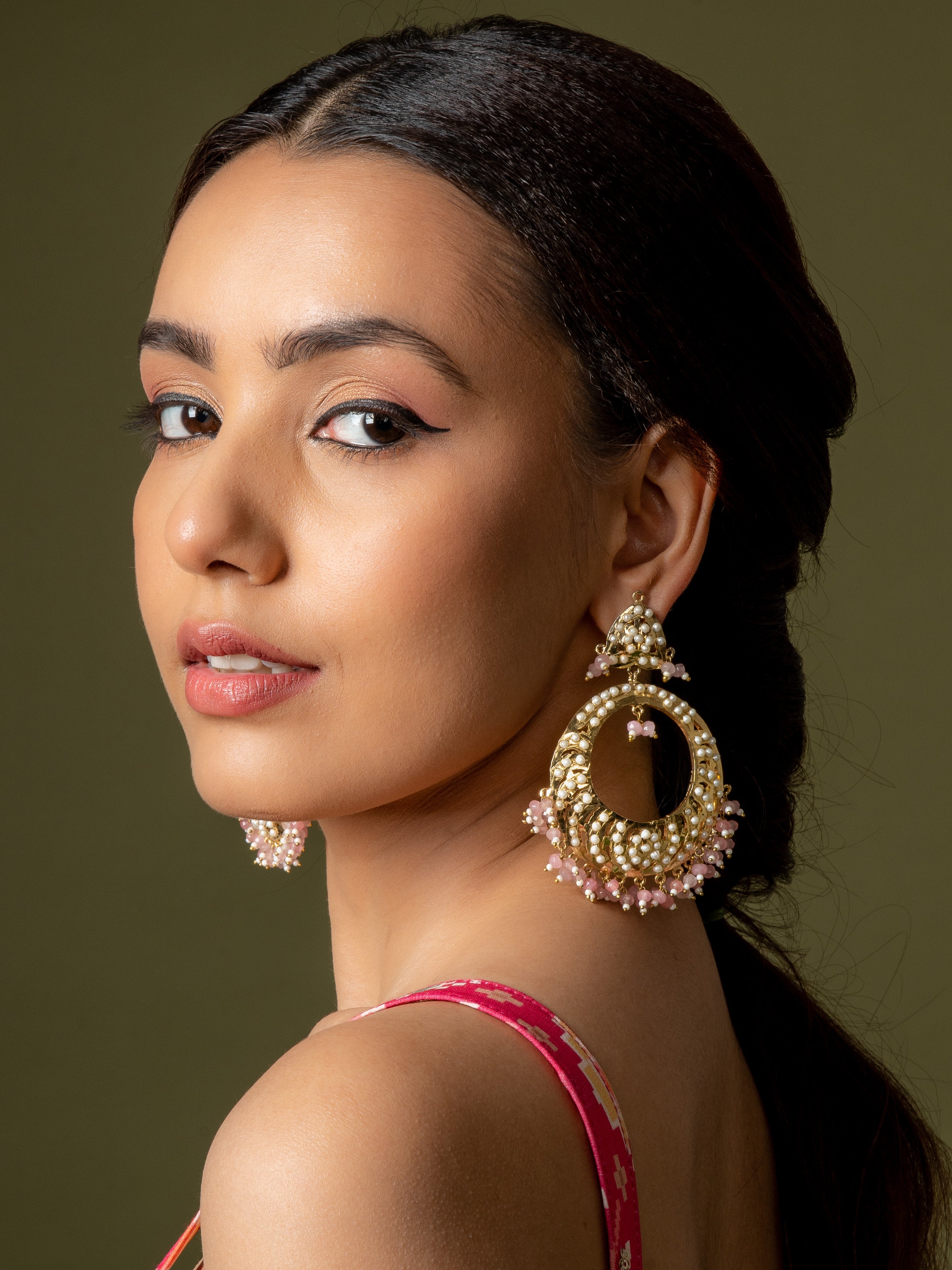 Rose Pink Jadau Chaandbali Earrings - QUEENS JEWELS