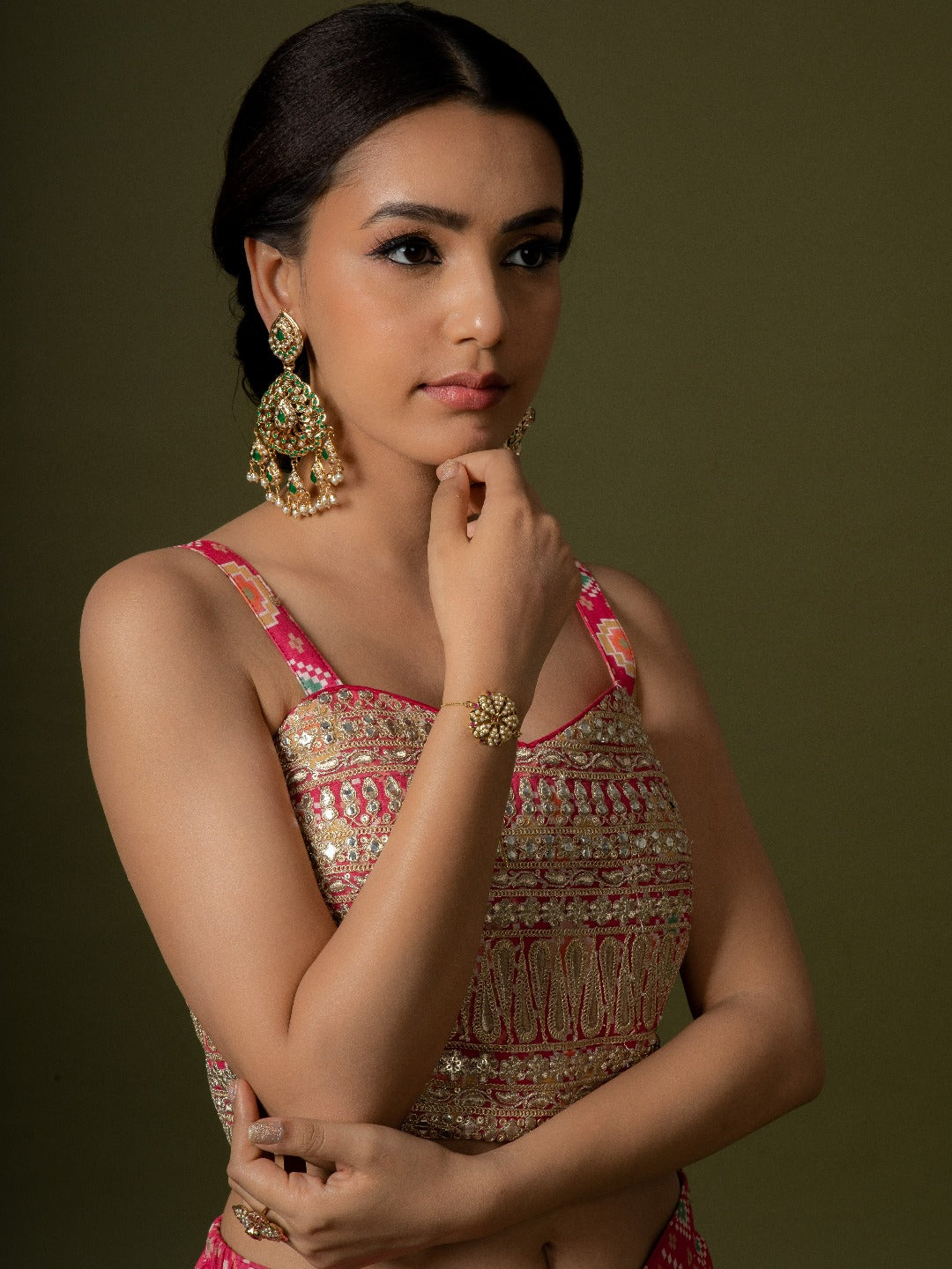 Aura Jadau Chaandbali Earrings - Emerald Green - QUEENS JEWELS