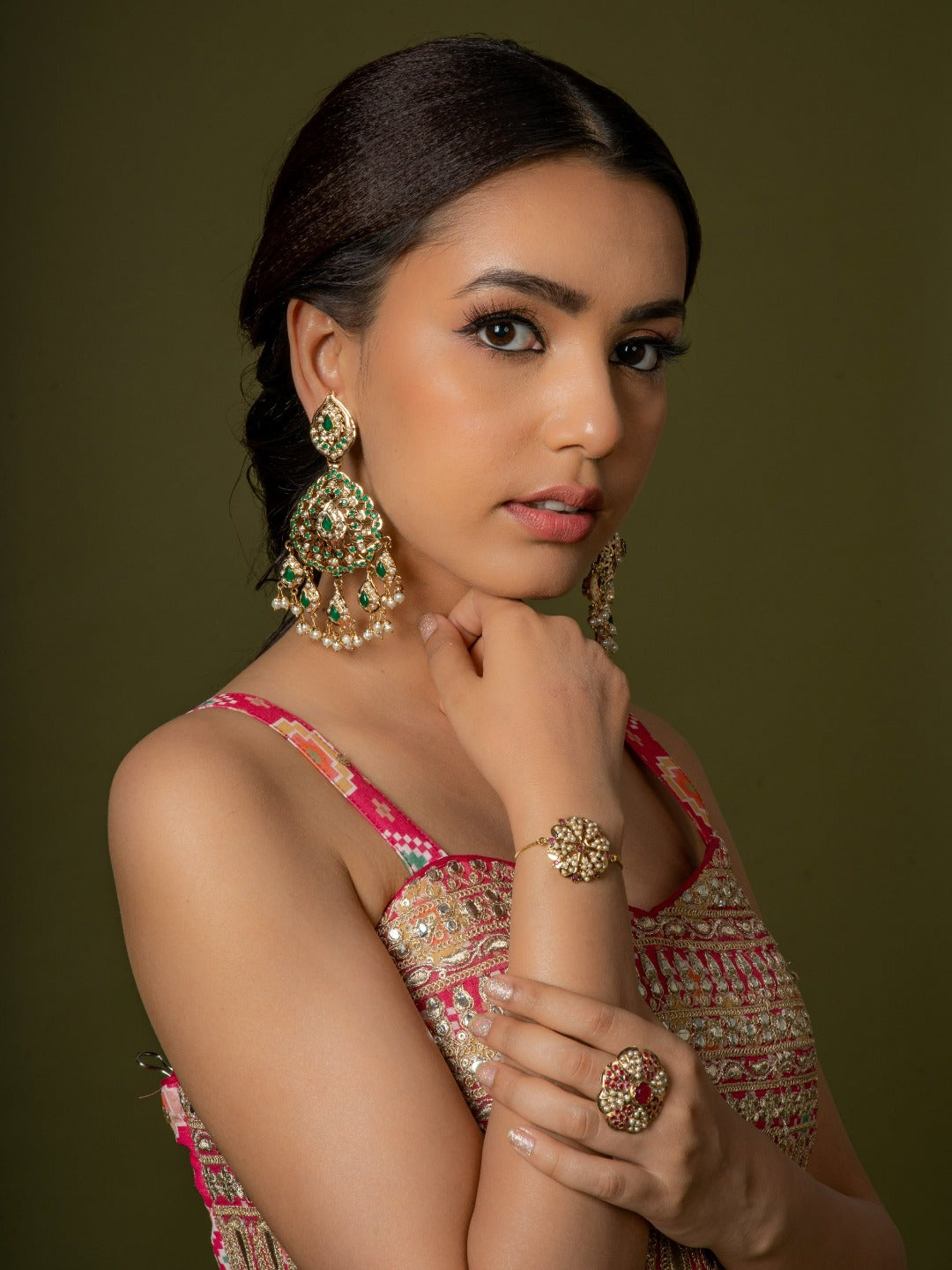 Aura Jadau Chaandbali Earrings - Emerald Green - QUEENS JEWELS