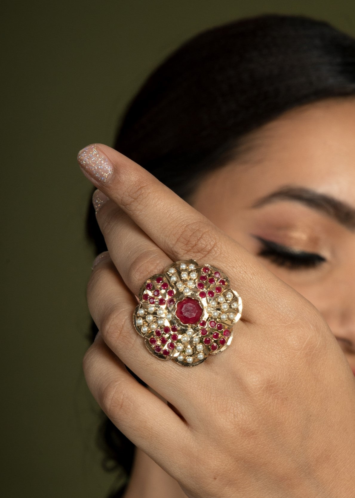 Rumami Ruby Red Jadau Bridal Adjustable Ring - QUEENS JEWELS