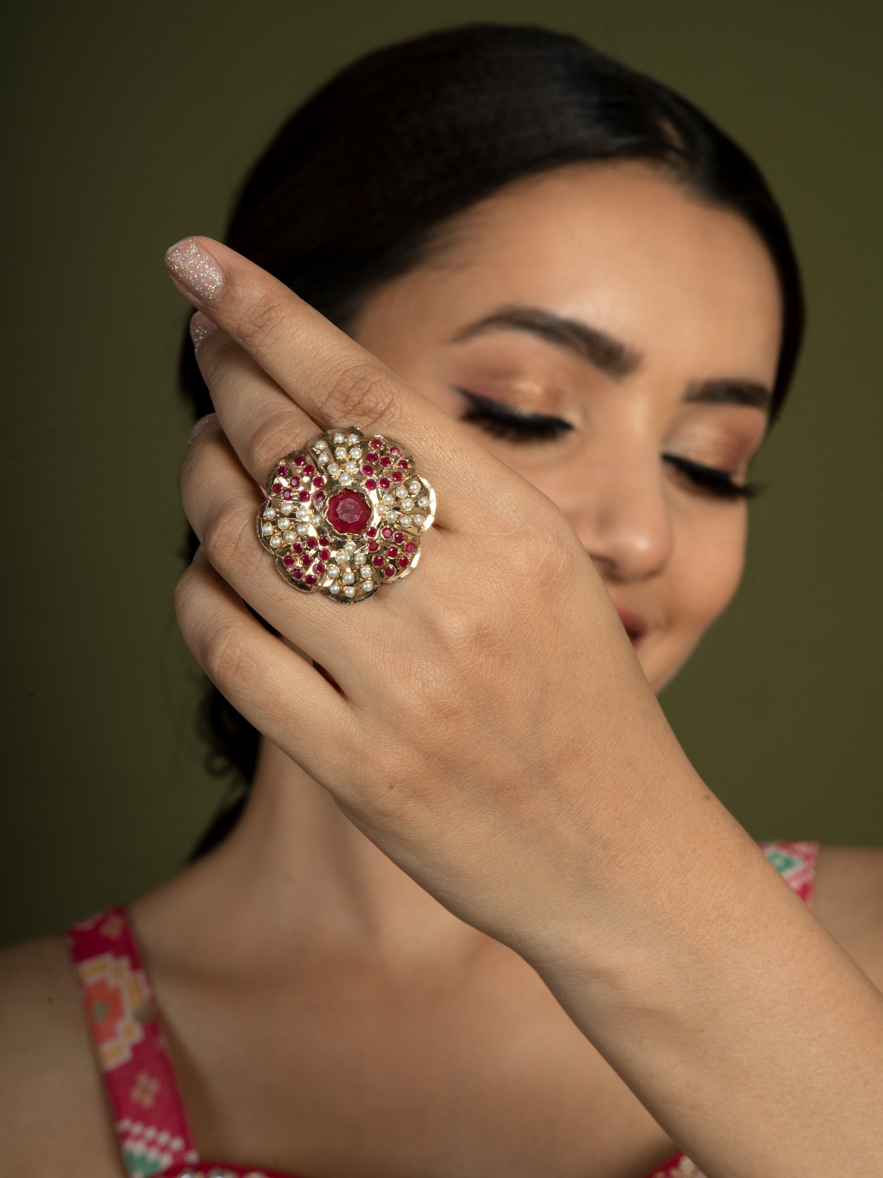 Rumami Ruby Red Jadau Bridal Adjustable Ring - QUEENS JEWELS