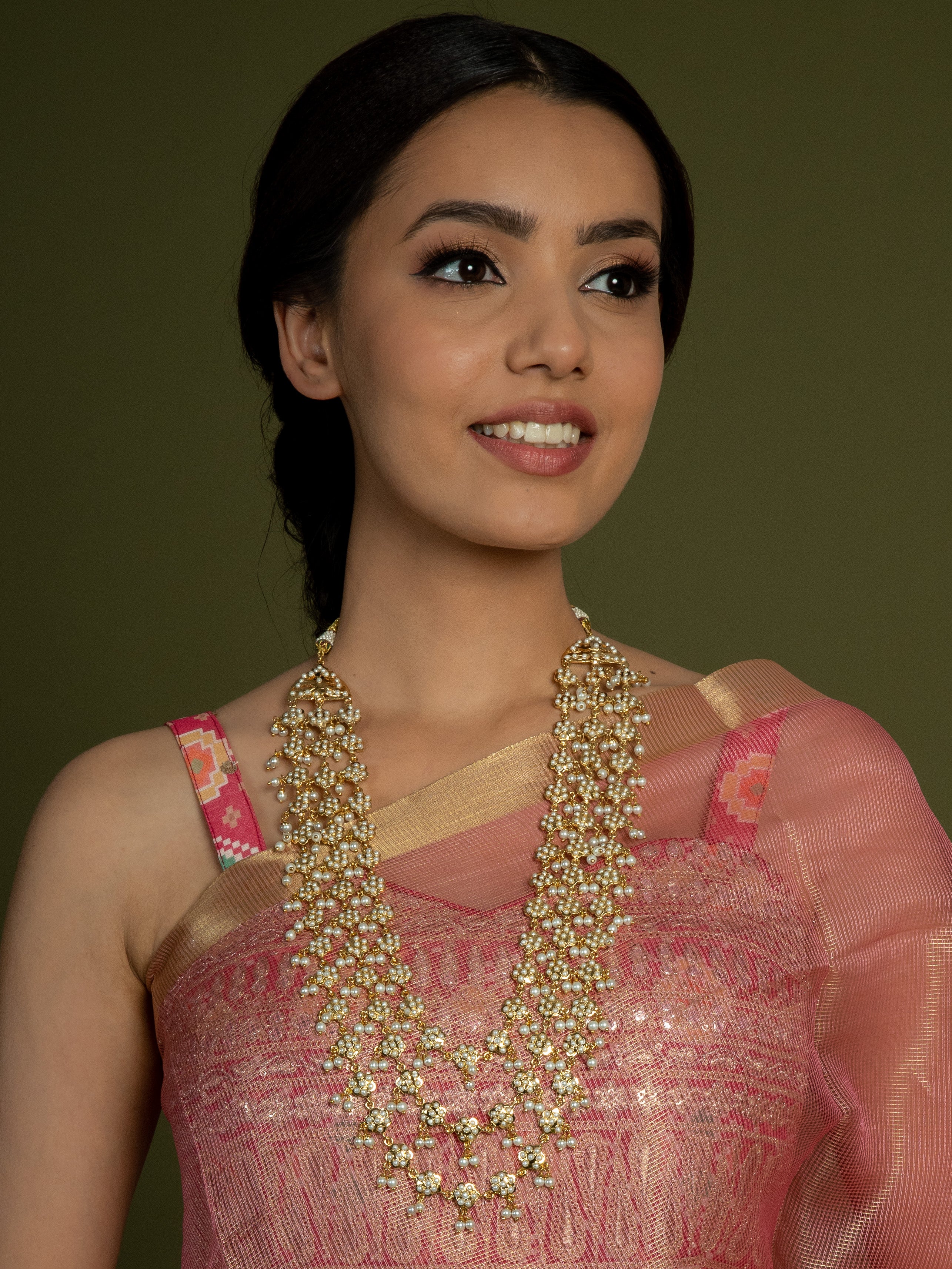 Pearl Long Chain For Saree Pearl White Multilayer Jadau Necklace