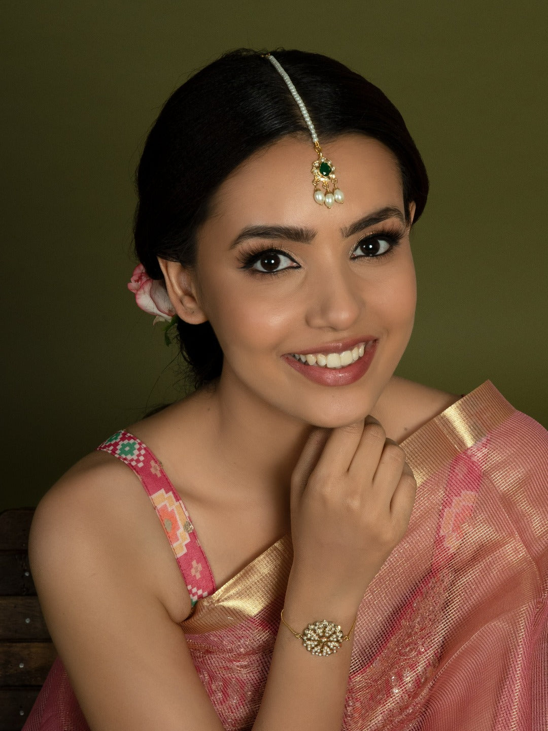 Emerald Stone with Pearl Drops Maangtikka - QUEENS JEWELS