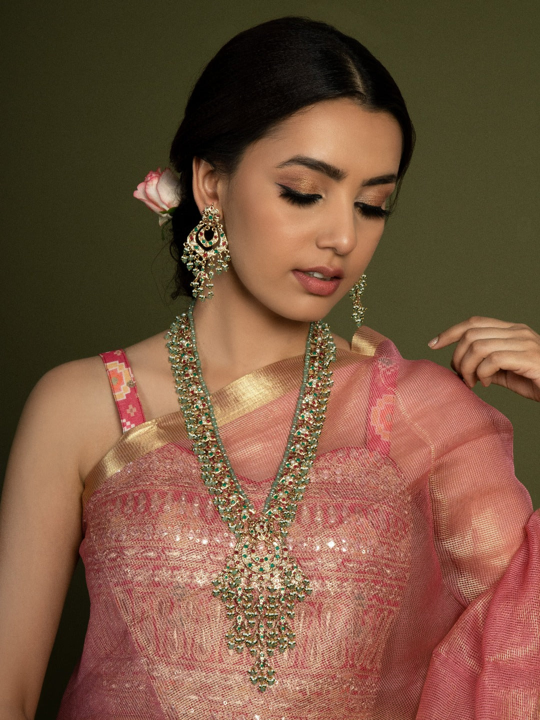Exquisite Multicolour Jadau Rani Haar ( Necklace & Earrings) - QUEENS JEWELS