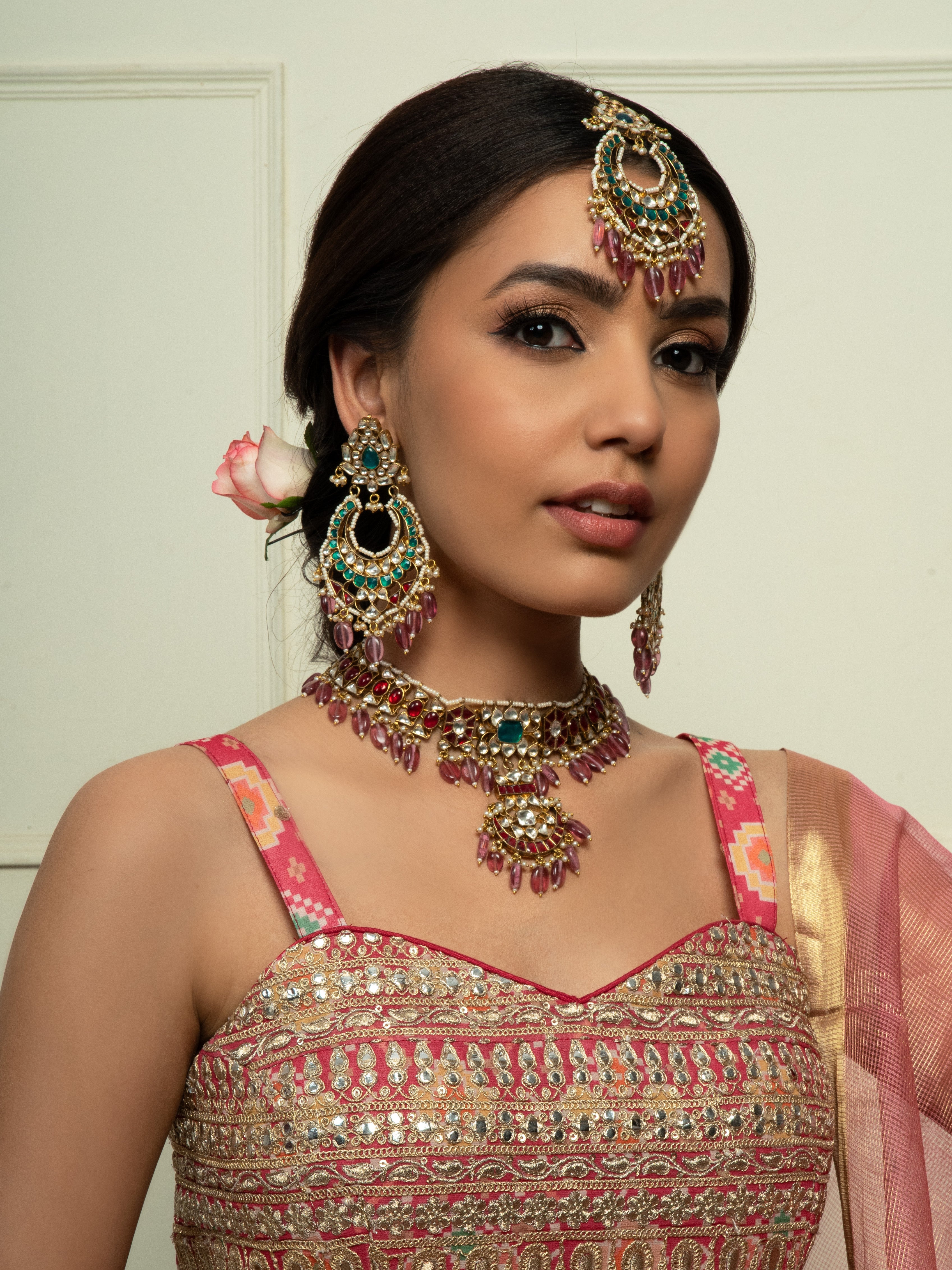 Traditional Ruby Red & Emerald Bridal Choker Set (Necklace, Earrings & Maangtika) - QUEENS JEWELS