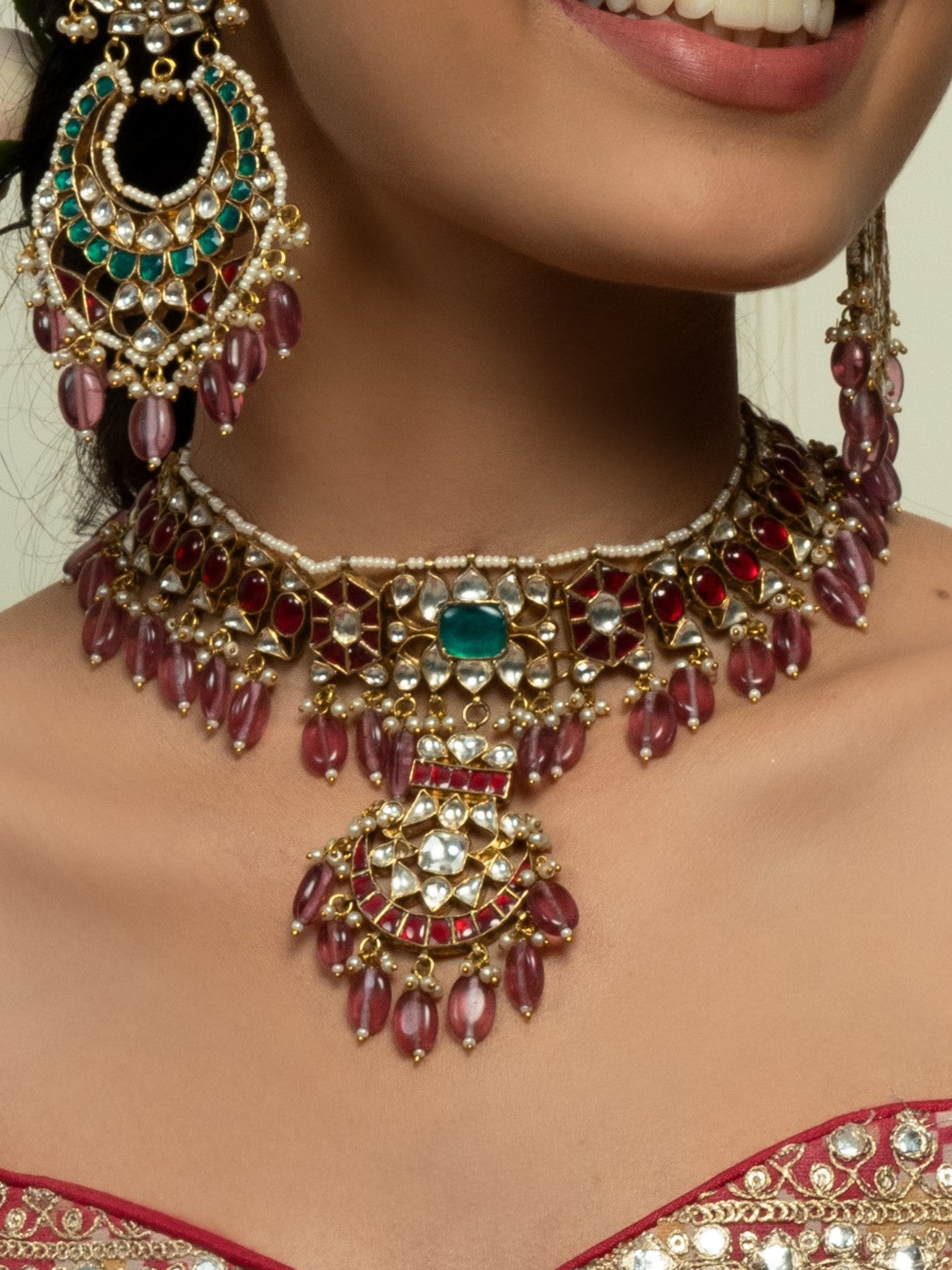 Traditional Ruby Red & Emerald Bridal Choker Set (Necklace, Earrings & Maangtika) - QUEENS JEWELS