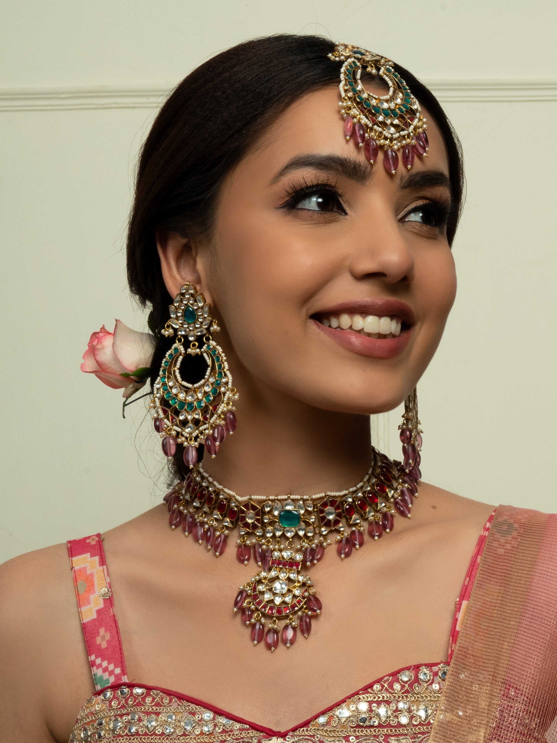 Traditional Ruby Red & Emerald Bridal Choker Set (Necklace, Earrings & Maangtika) - QUEENS JEWELS