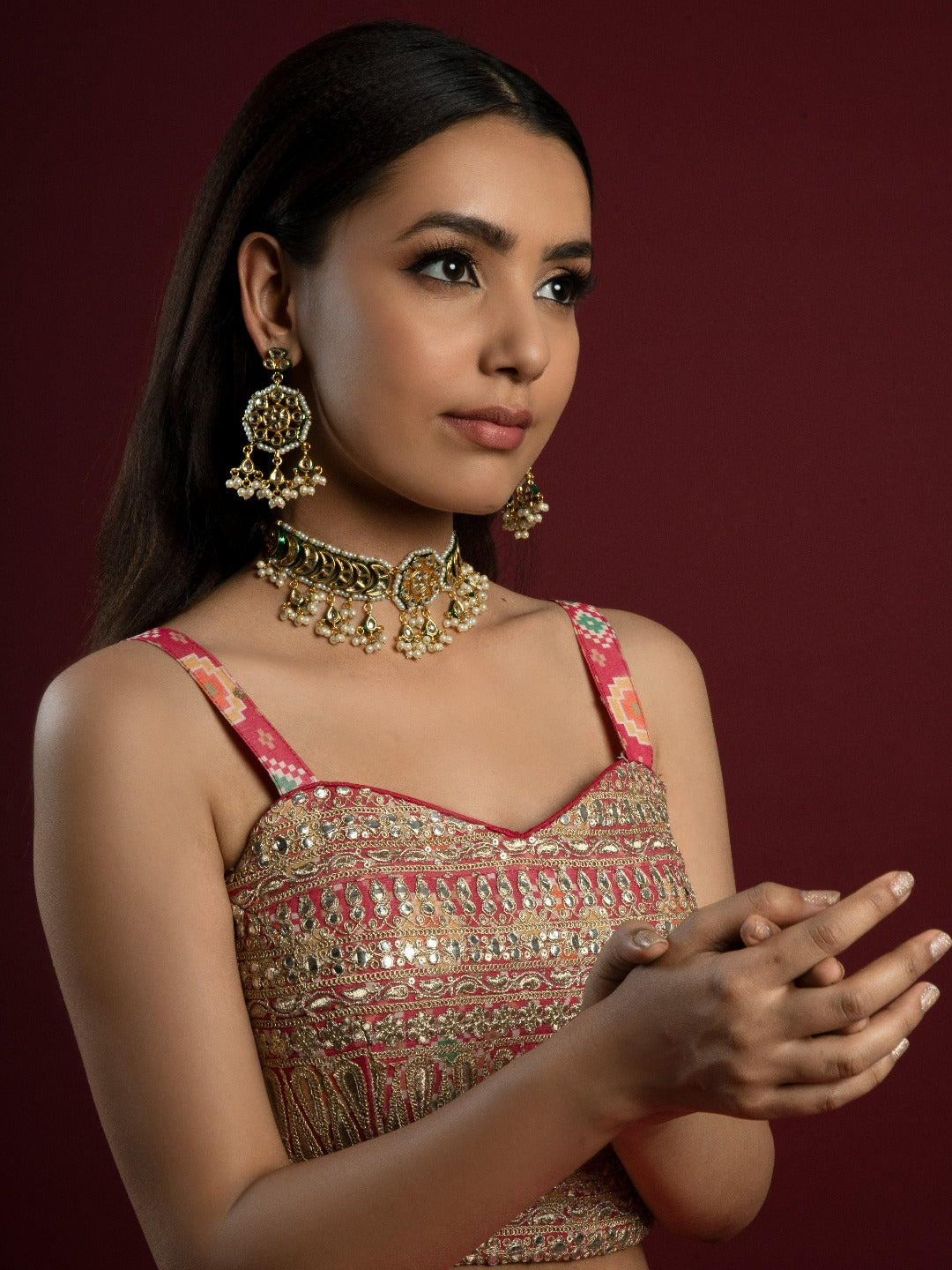Premium Kundan Choker Necklace Set with Earrings - QUEENS JEWELS