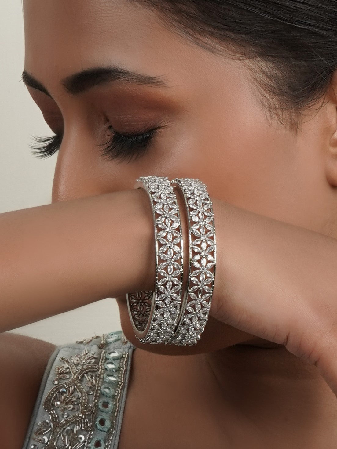 Pea Flower American Diamond Bangle Pair - QUEENS JEWELS