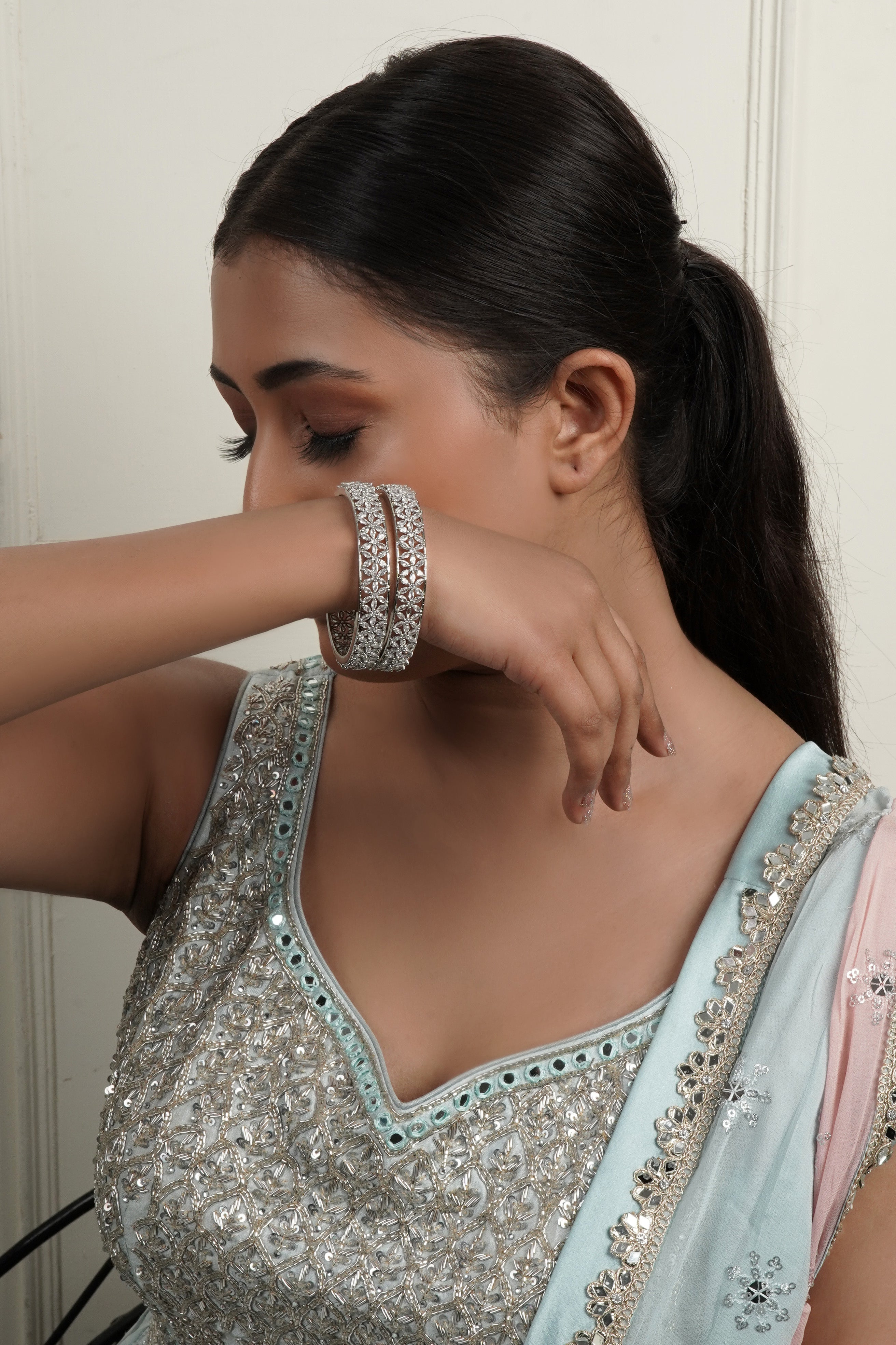 Pea Flower American Diamond Bangle Pair - QUEENS JEWELS