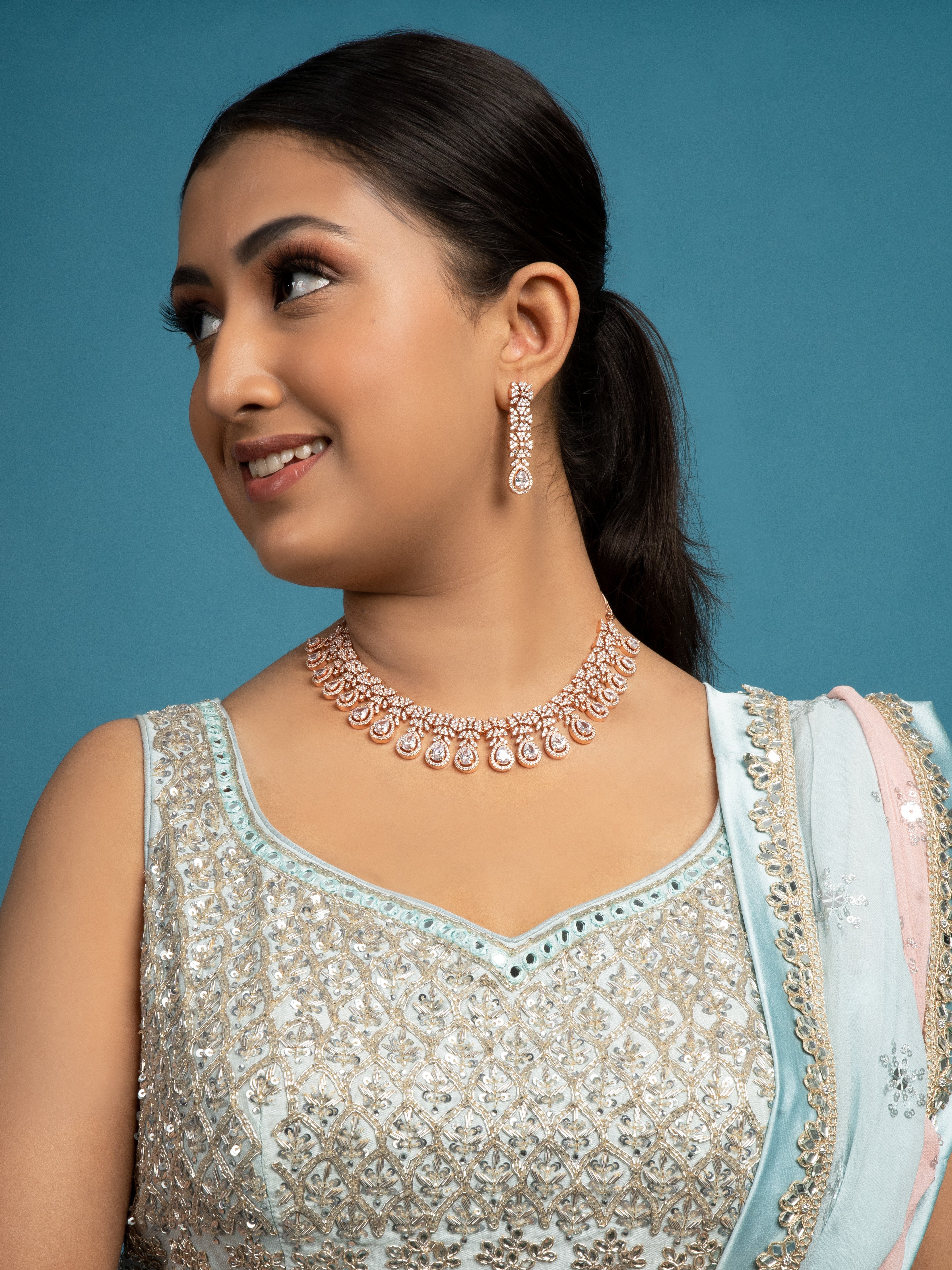 Saisha American Diamond Choker With Earrings (Necklace and Earrings Set) - QUEENS JEWELS