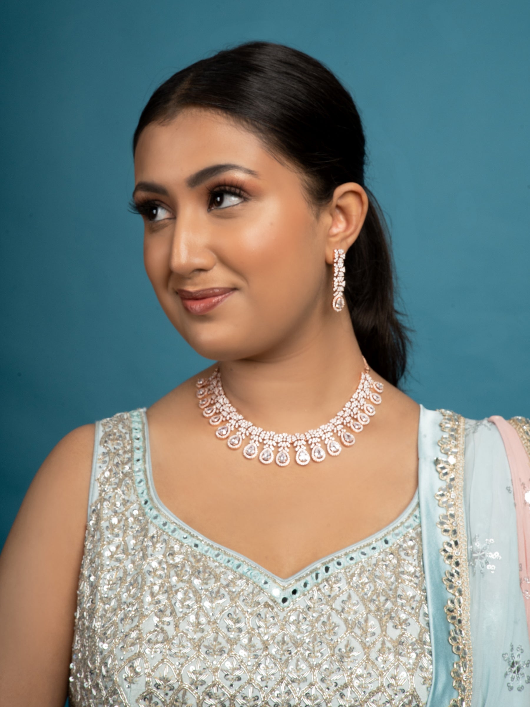 Saisha American Diamond Choker With Earrings (Necklace and Earrings Set) - QUEENS JEWELS