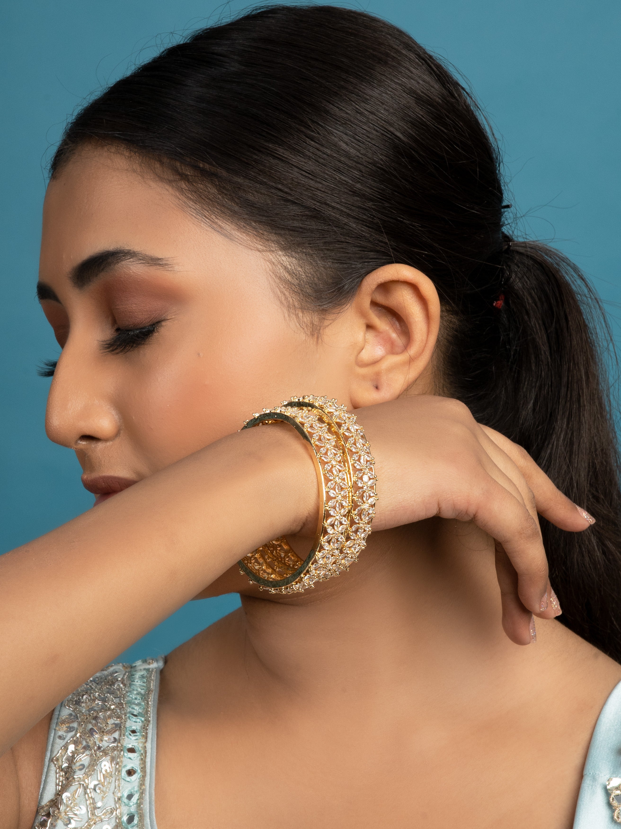 Pea Flower American Diamond Bangle Pair - QUEENS JEWELS