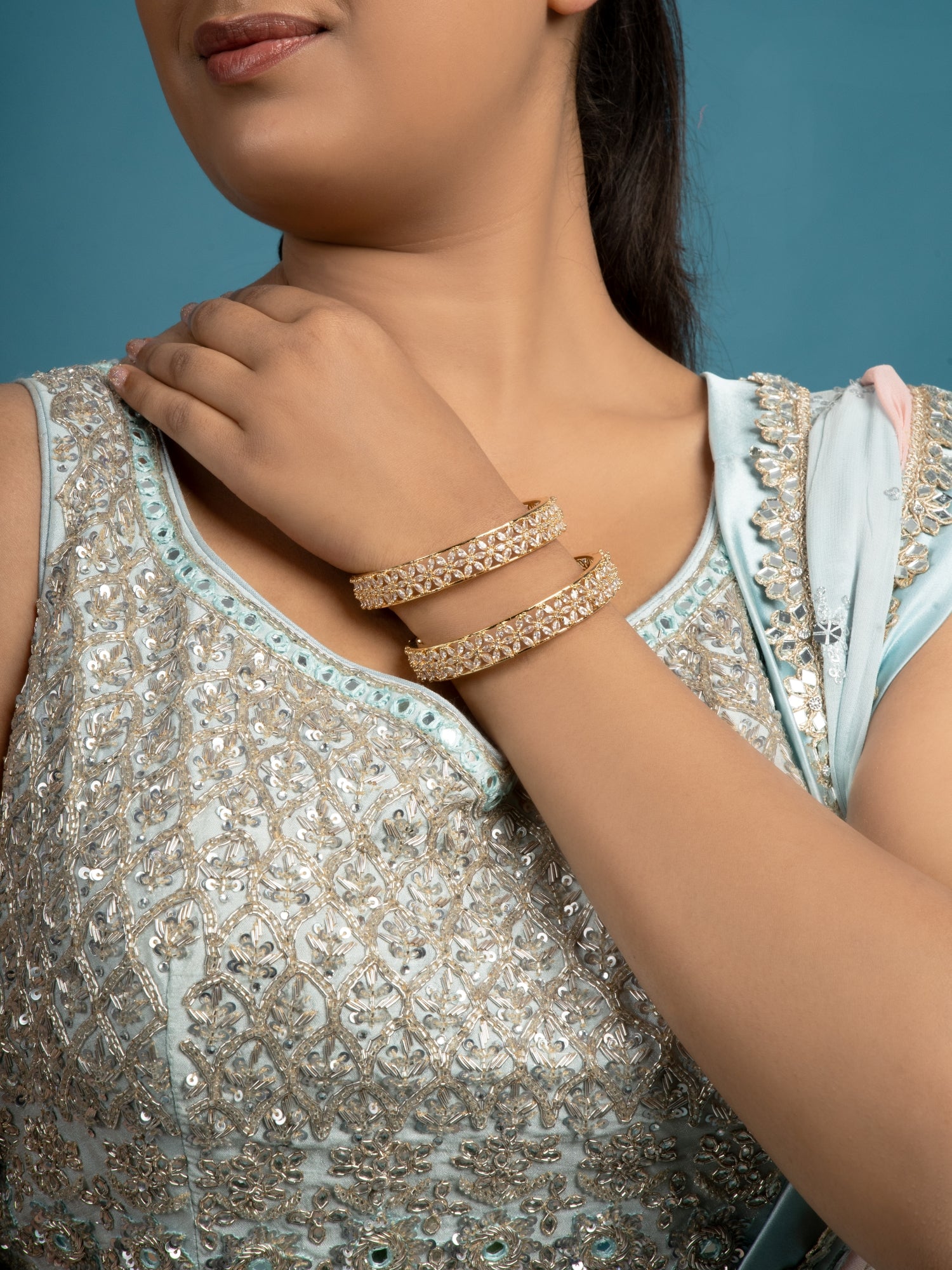 Pea Flower American Diamond Bangle Pair - QUEENS JEWELS