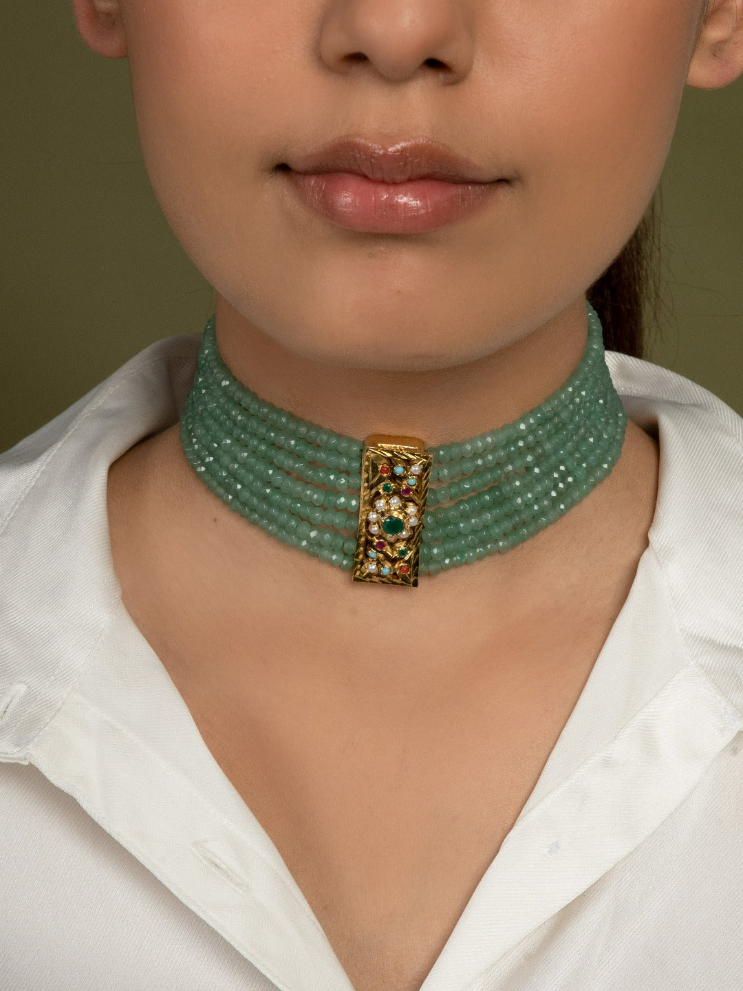 Emerald Quartz Jadau Choker Necklace - QUEENS JEWELS