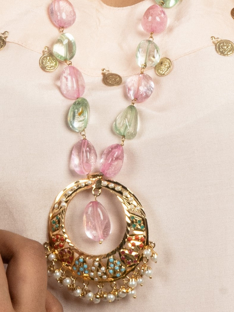 Navratan Jadau Pearl Drop Pendant Necklace (Necklace With Earrings Set) - QUEENS JEWELS