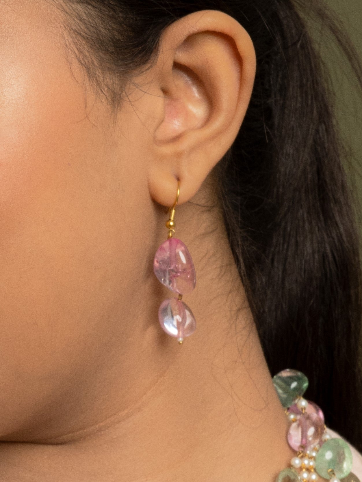 Multilayered  Pink & Green Stone String Necklace - QUEENS JEWELS