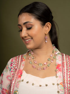 Multilayered  Pink & Green Stone String Necklace - QUEENS JEWELS