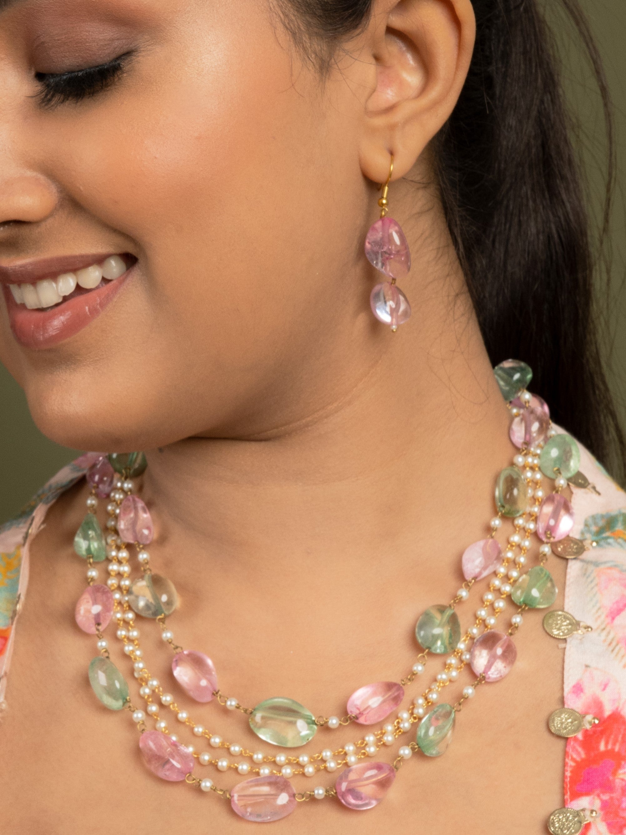 Multilayered  Pink & Green Stone String Necklace - QUEENS JEWELS
