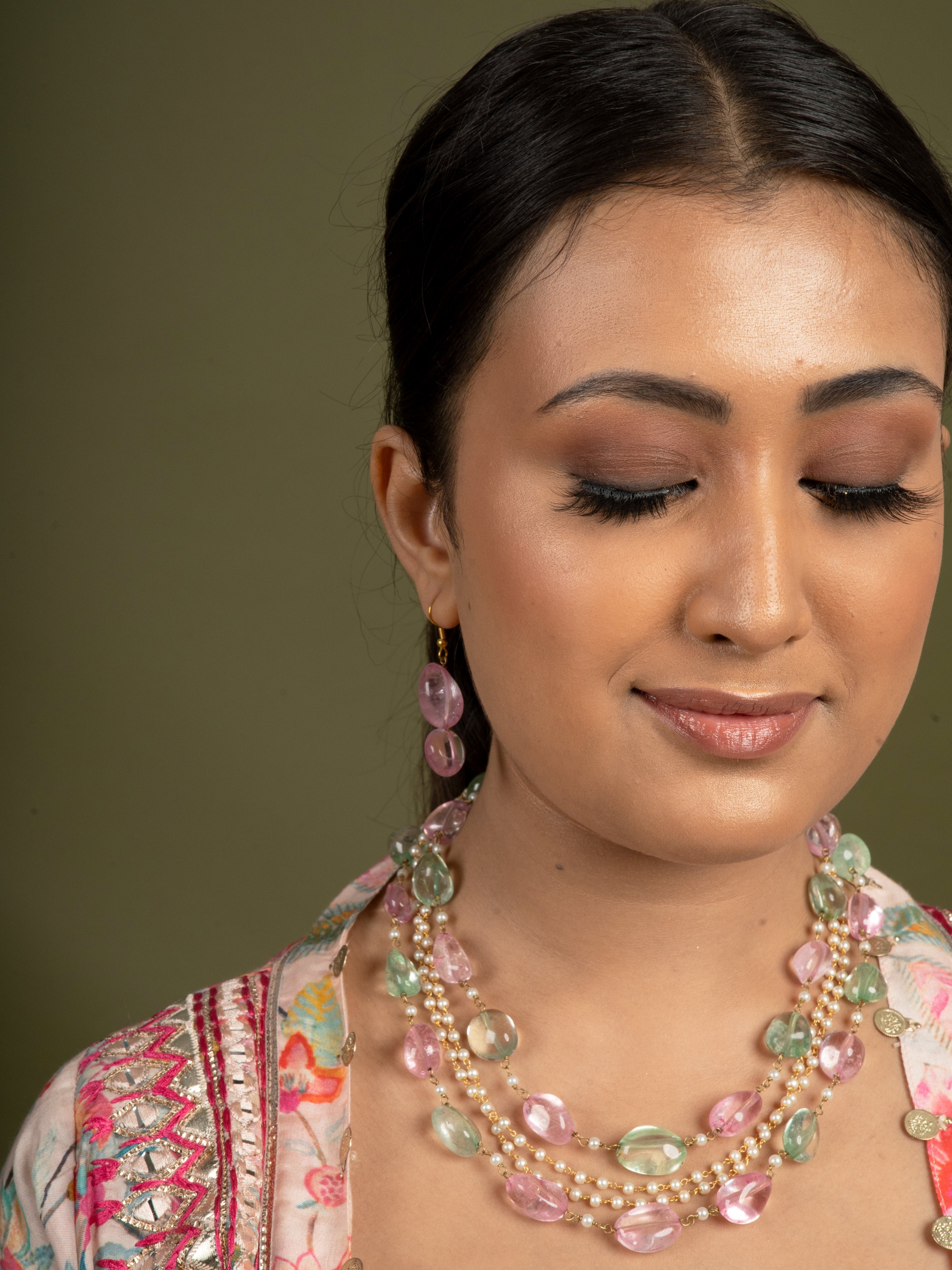 Multilayered  Pink & Green Stone String Necklace - QUEENS JEWELS