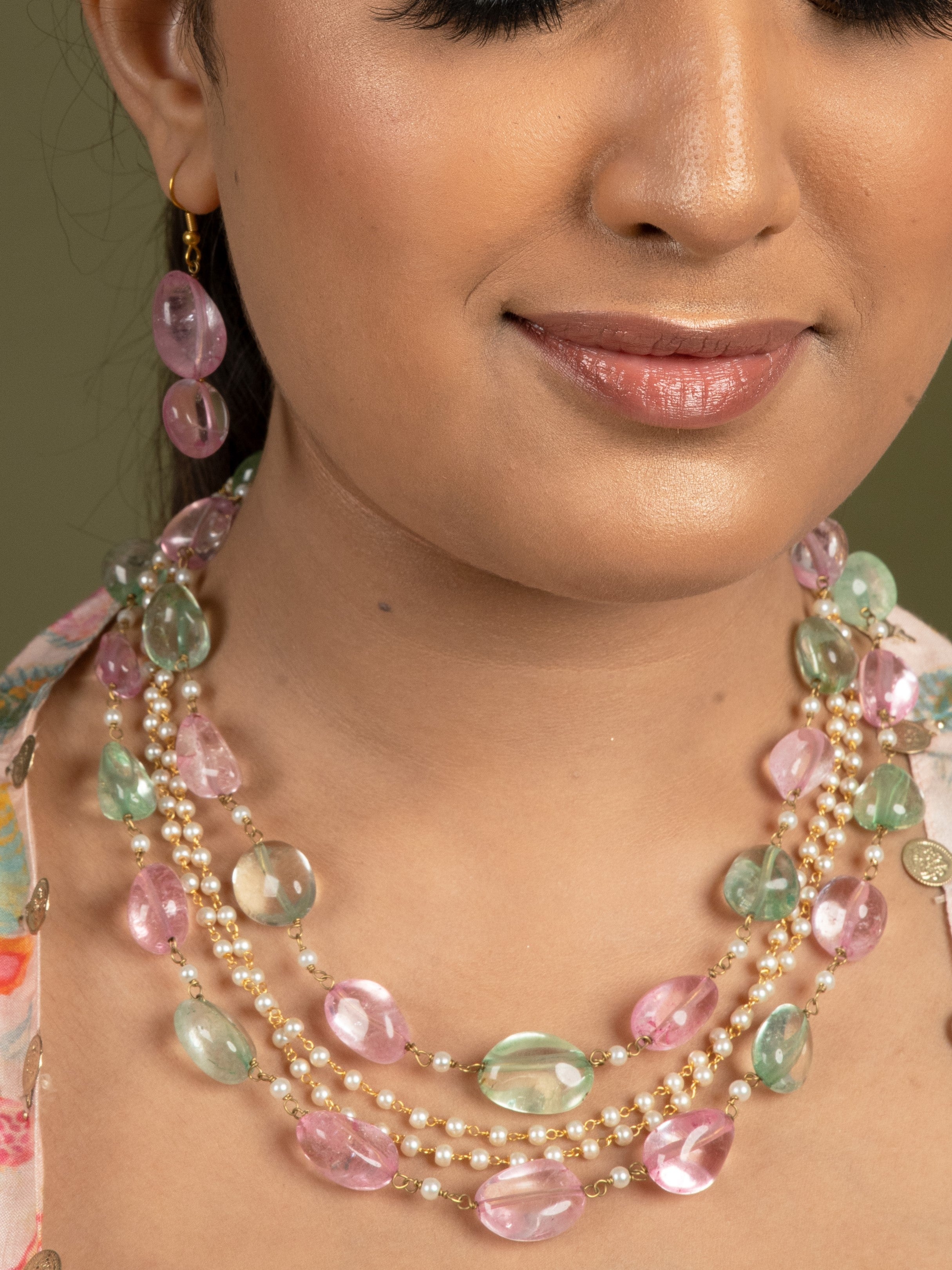 Multilayered  Pink & Green Stone String Necklace - QUEENS JEWELS