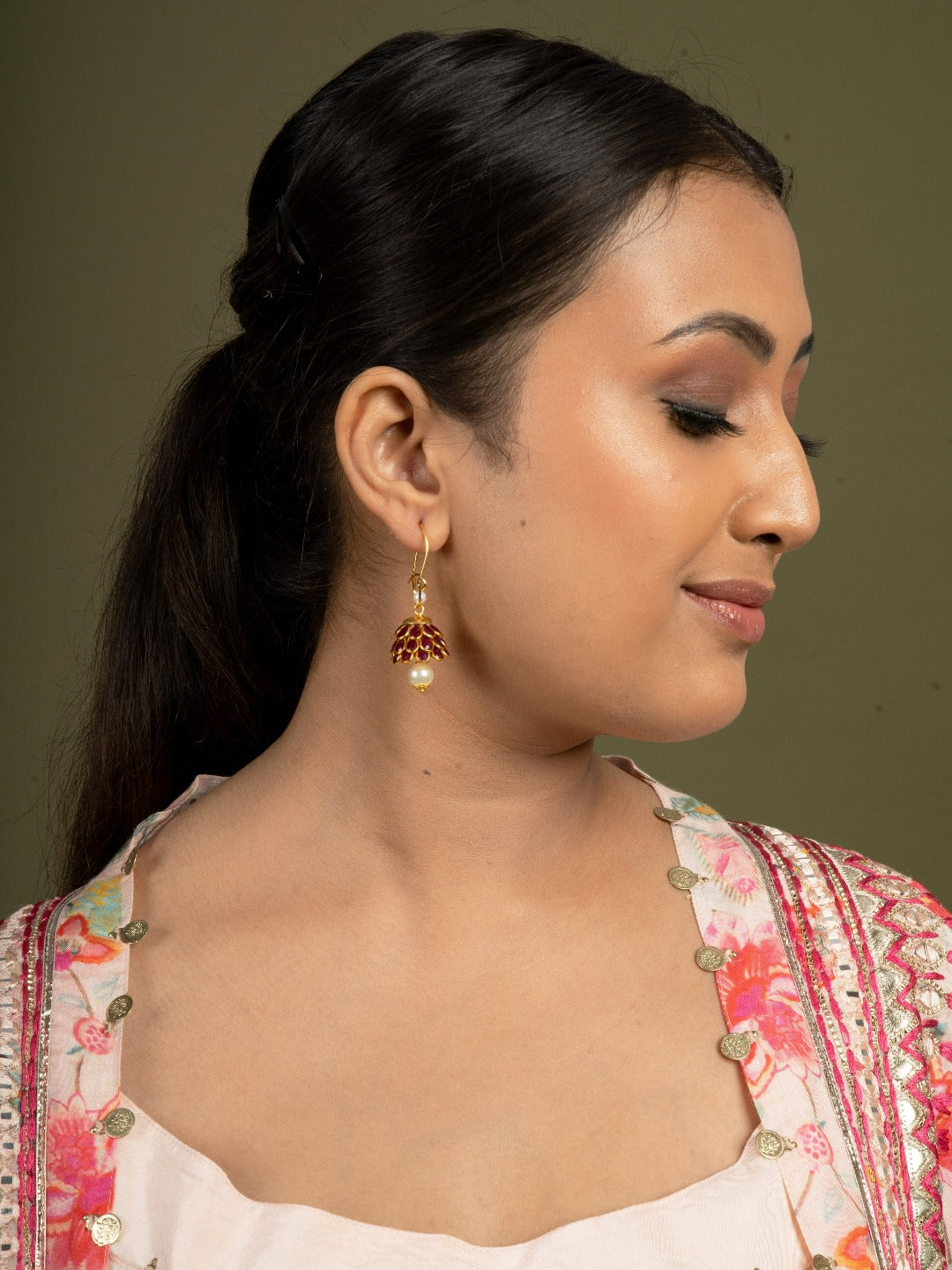 Anika Pachi Jhumka Earrings - Red - QUEENS JEWELS
