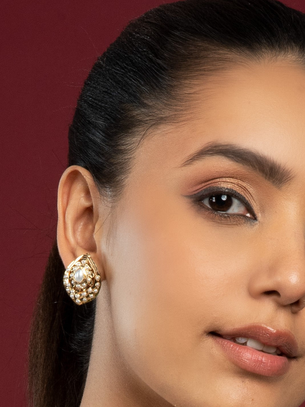 Pearl White Meera Jadau Studs Earrings - QUEENS JEWELS