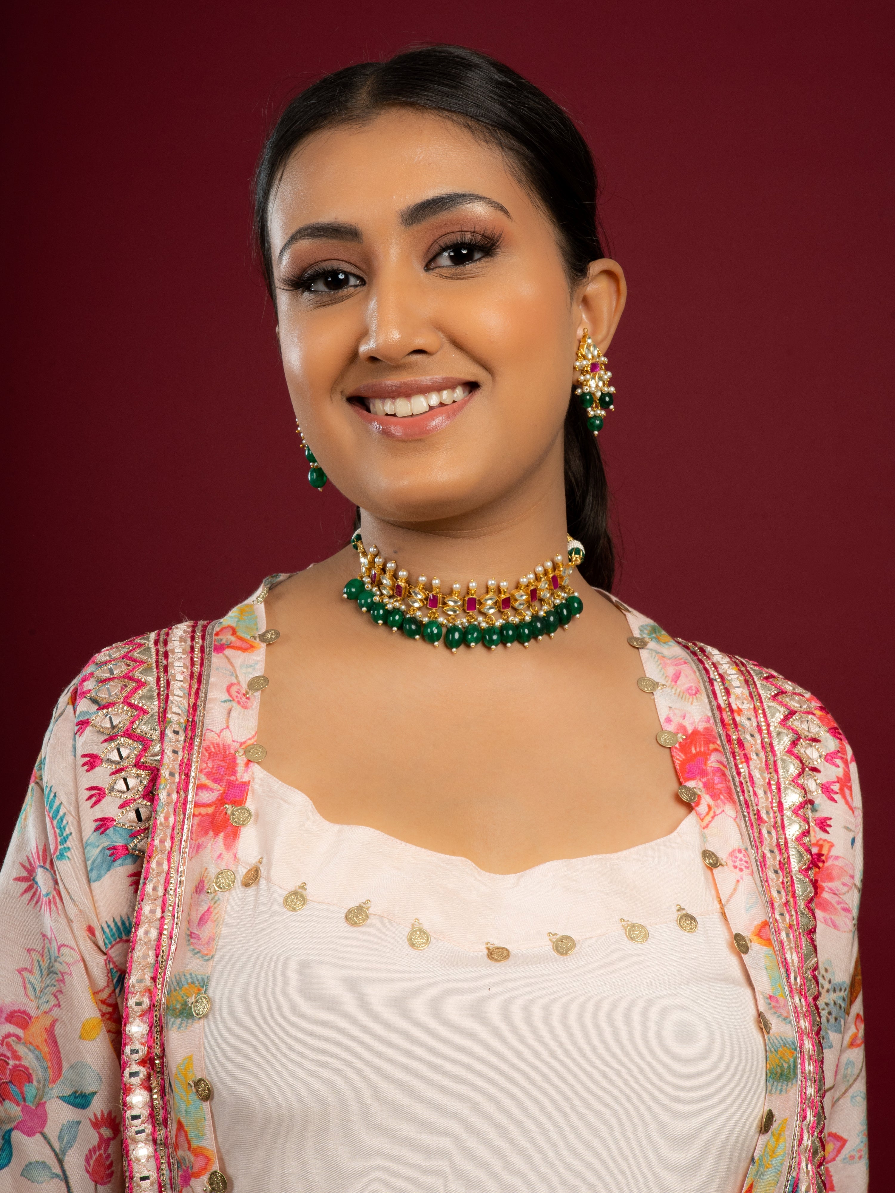 Multicolour Pachi Kundan Choker Necklace Set (Choker With Earrings