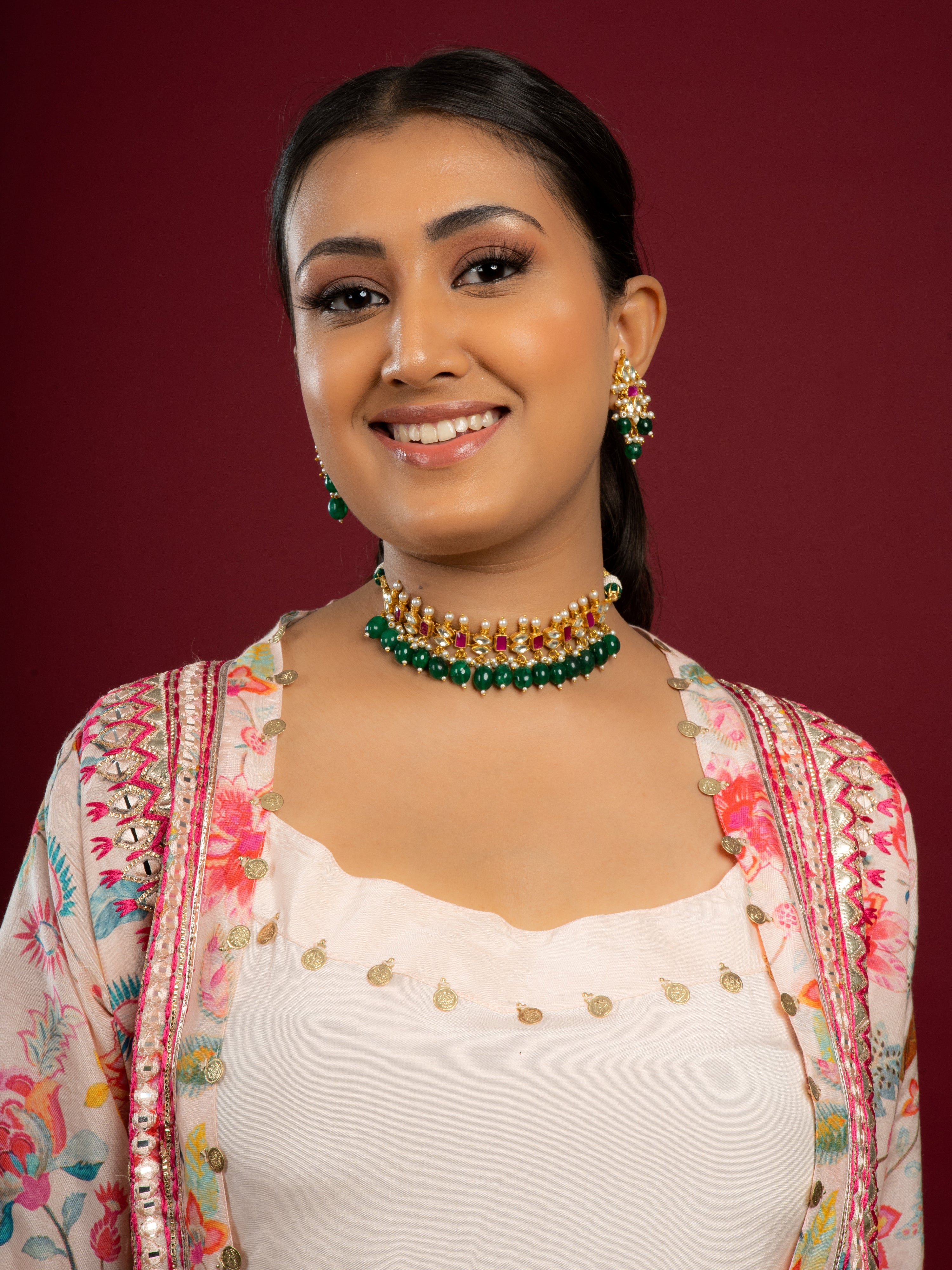 Multicolour Pachi Kundan Choker Necklace Set (Choker With Earrings Set) - QUEENS JEWELS