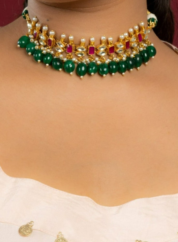 Multicolour Pachi Kundan Choker Necklace Set (Choker With Earrings Set) - QUEENS JEWELS