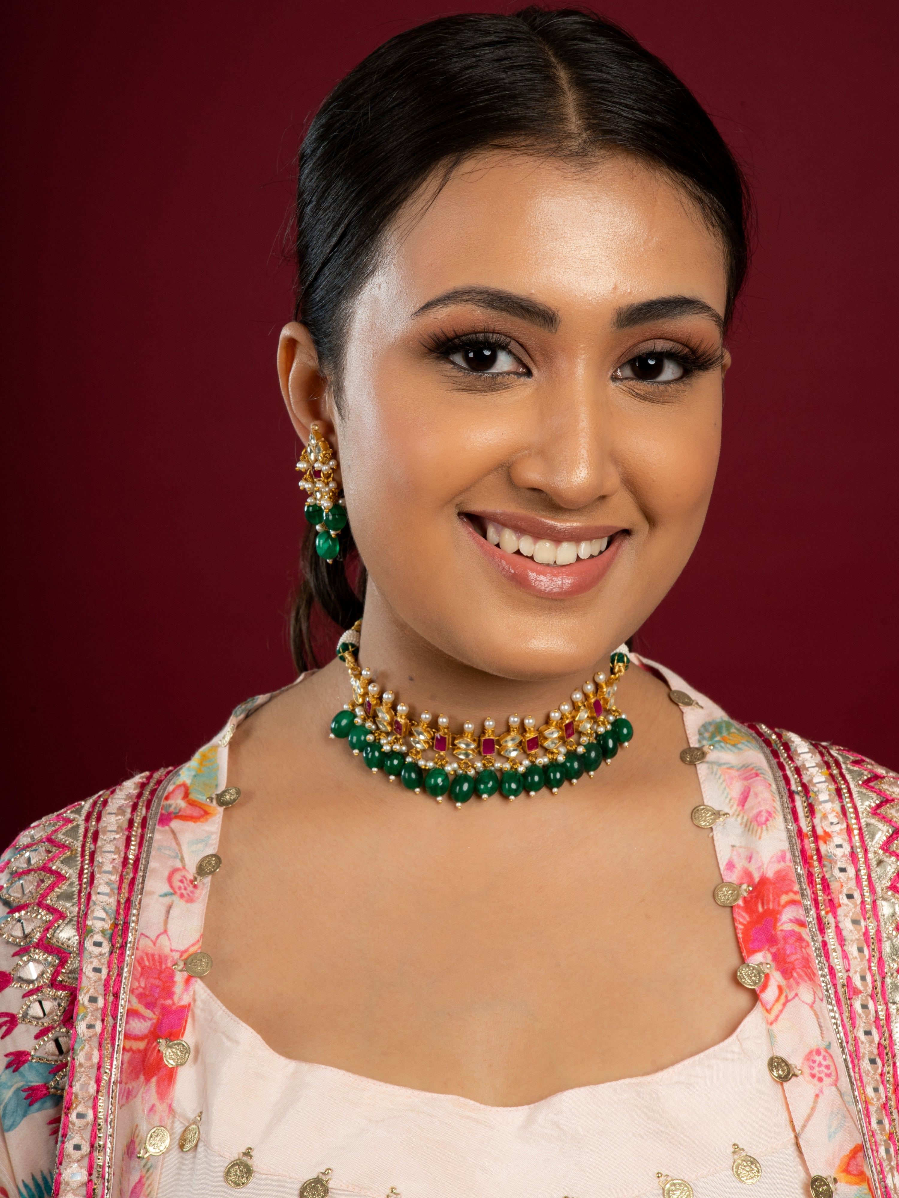 Multicolour Pachi Kundan Choker Necklace Set (Choker With Earrings Set) - QUEENS JEWELS