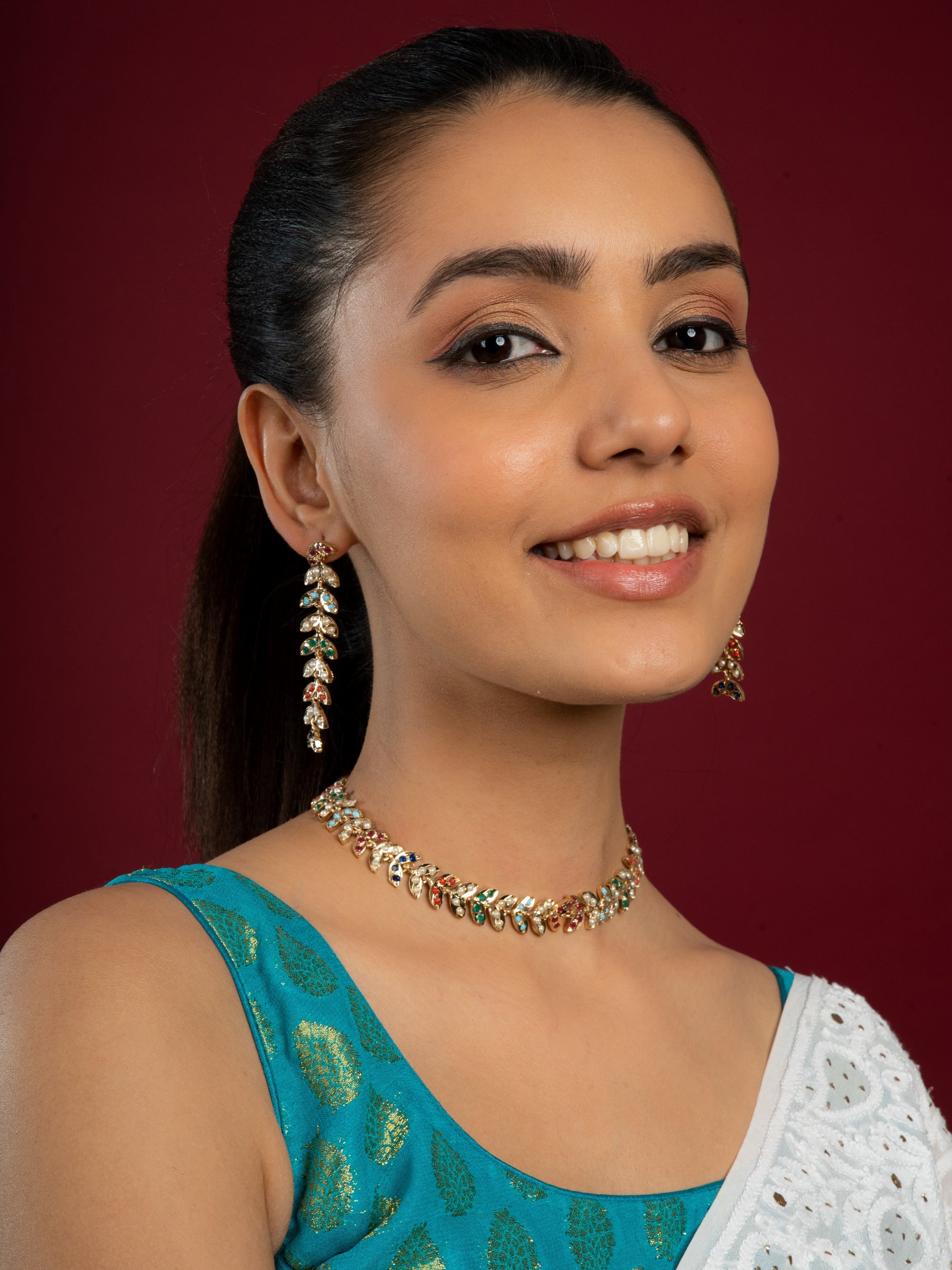 Mesmerizing Navaratan Jadau Choker Necklace Set (Necklace & Earrings Set) - QUEENS JEWELS