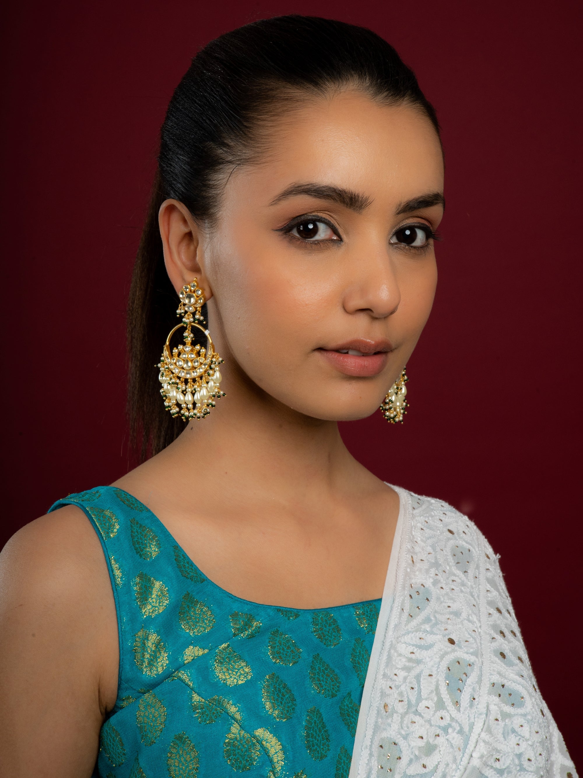 Pearl White & Emerald Kundan Chaandbali Earrings - QUEENS JEWELS