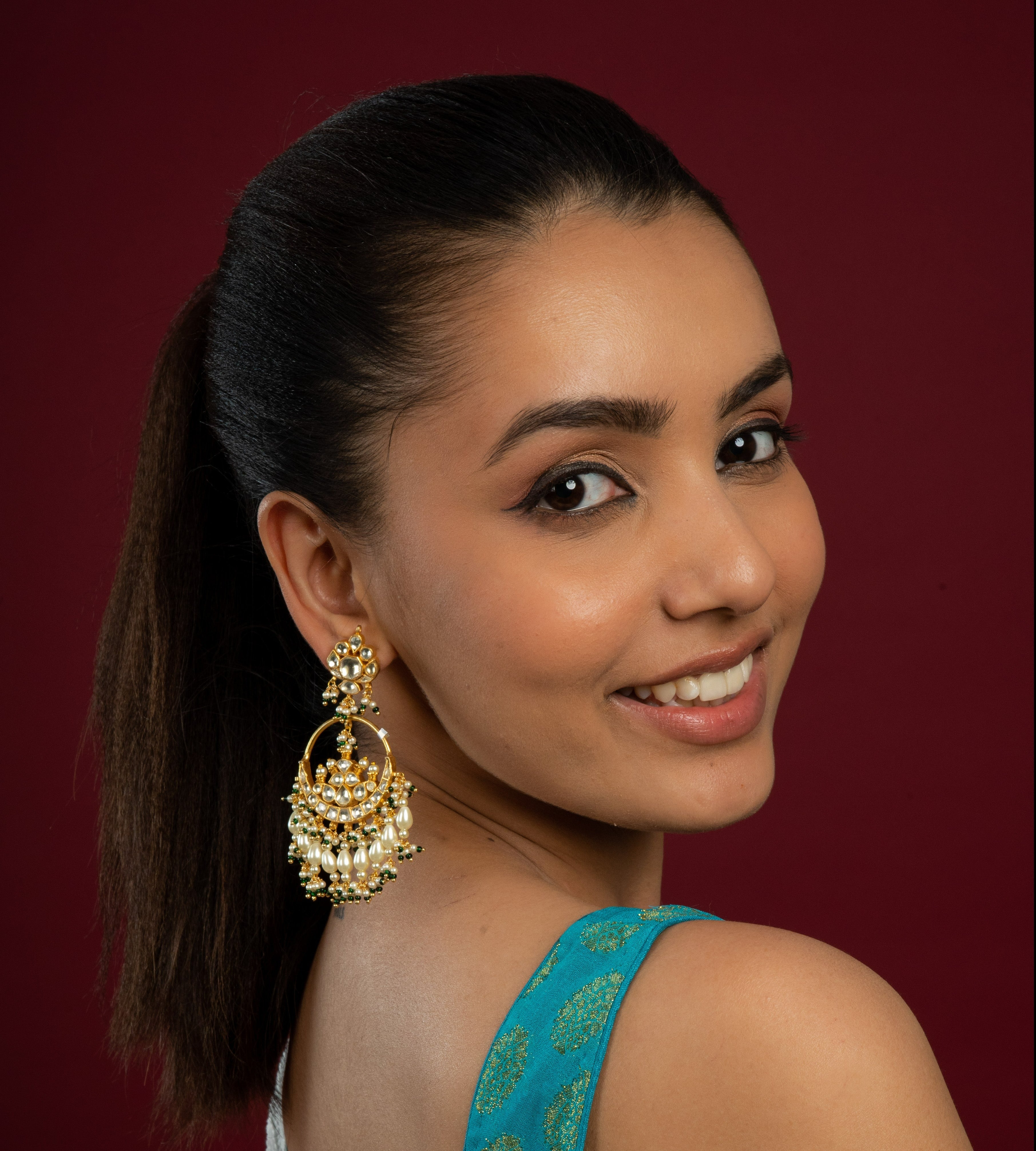 Pearl White & Emerald Kundan Chaandbali Earrings - QUEENS JEWELS