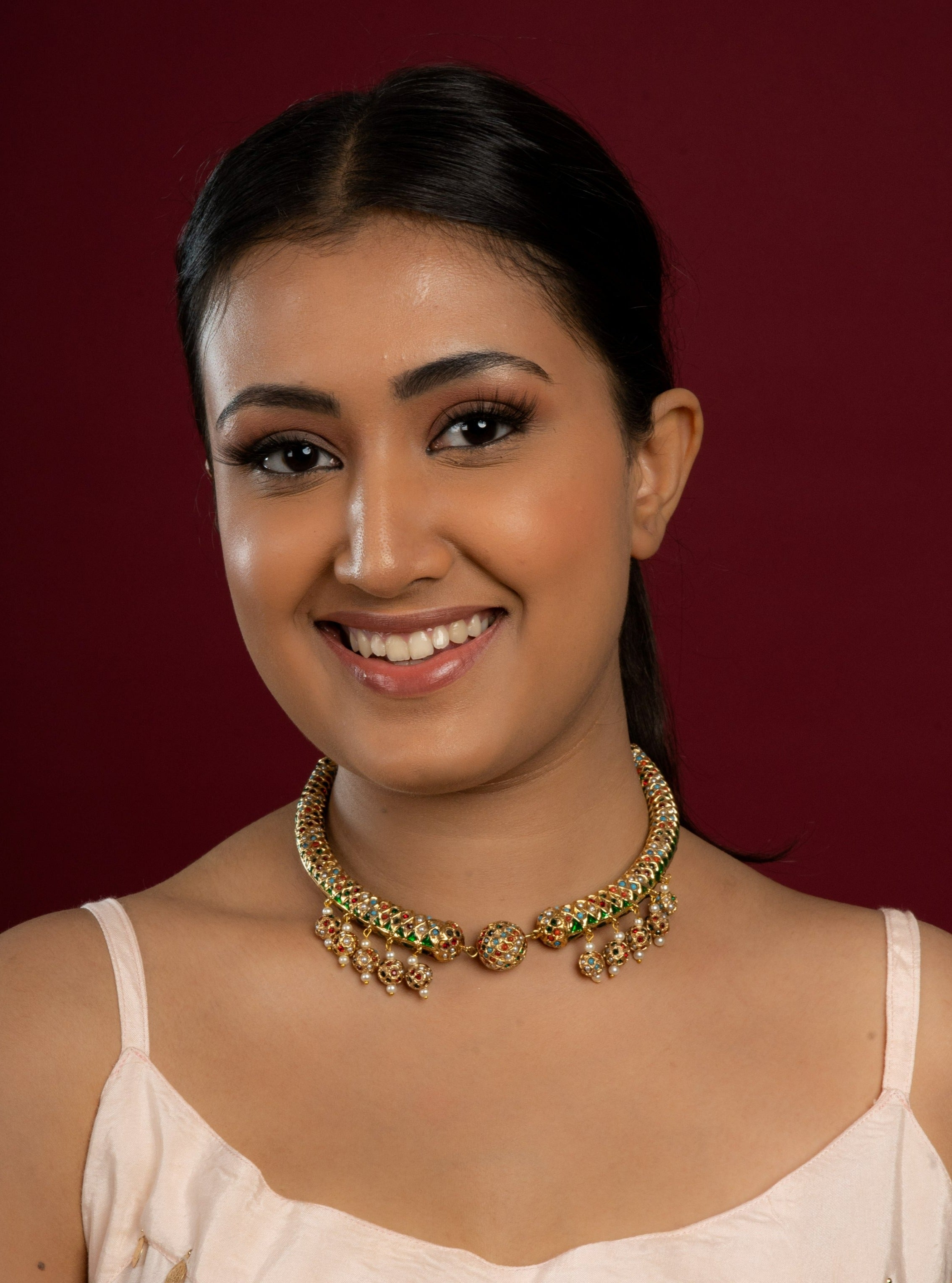 Vibrant Navaratan Jadau Sonamoti Hasli Choker Necklace - QUEENS JEWELS
